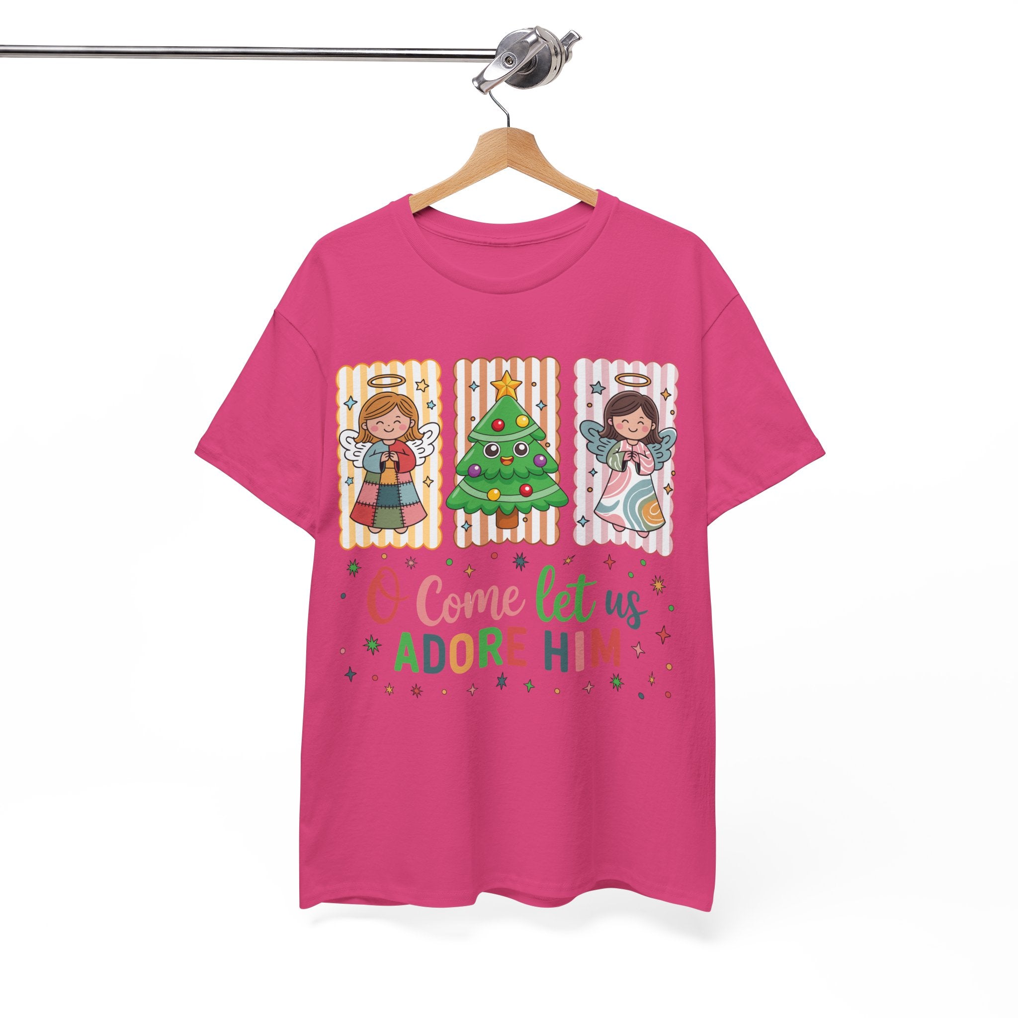 O Come Let Us Adore Him Christmas Tee — Smiling Angels & Happy Tree..Unisex Cotton Tee