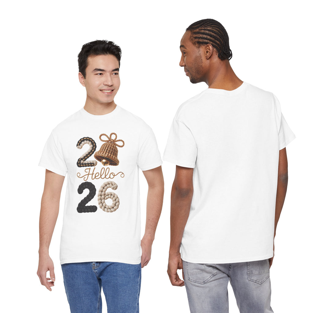 Hello 2026 Tee — Cozy Faux Yarn Braided Numbers with Woven Golden Bell..Unisex Cotton Tee