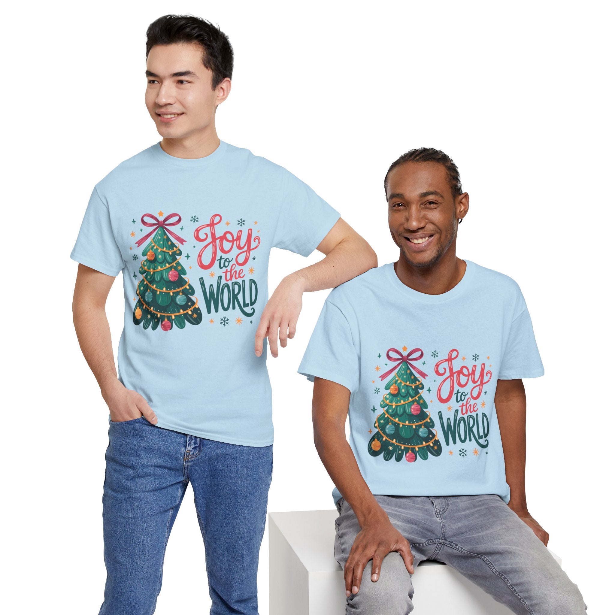 Joy to the World Christmas Tee — Festive Tree with Pink Bow..Unisex Cotton Tee