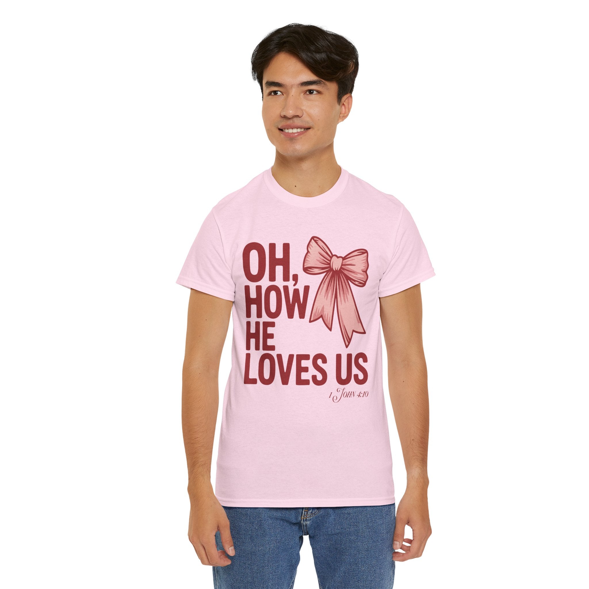 Oh, How He Loves Us Christian Valentine Tee — 1 John 4:10 Red & Pink Unisex Cotton Tee