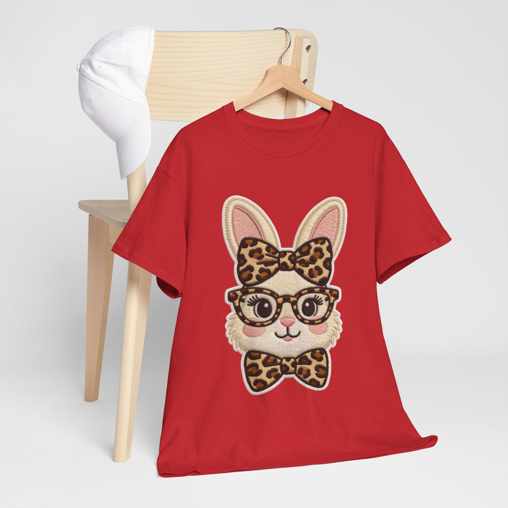 Leopard Bow Bunny Embroidered Tee — Cute Bunny Face with Glasses Patch Unisex Cotton Tee