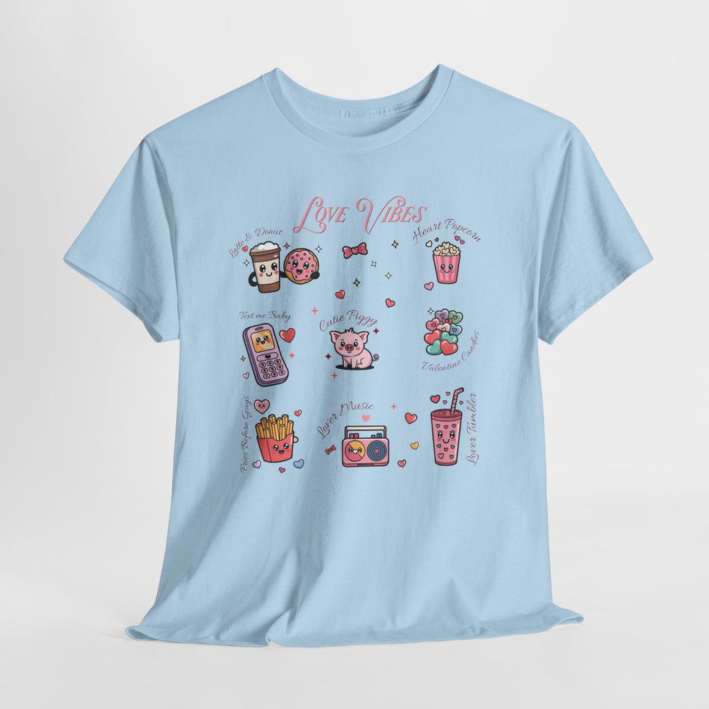 Love Vibes Kawaii Valentine T-Shirt — Cute Donut, Coffee & Piglet Design Unisex Cotton Tee
