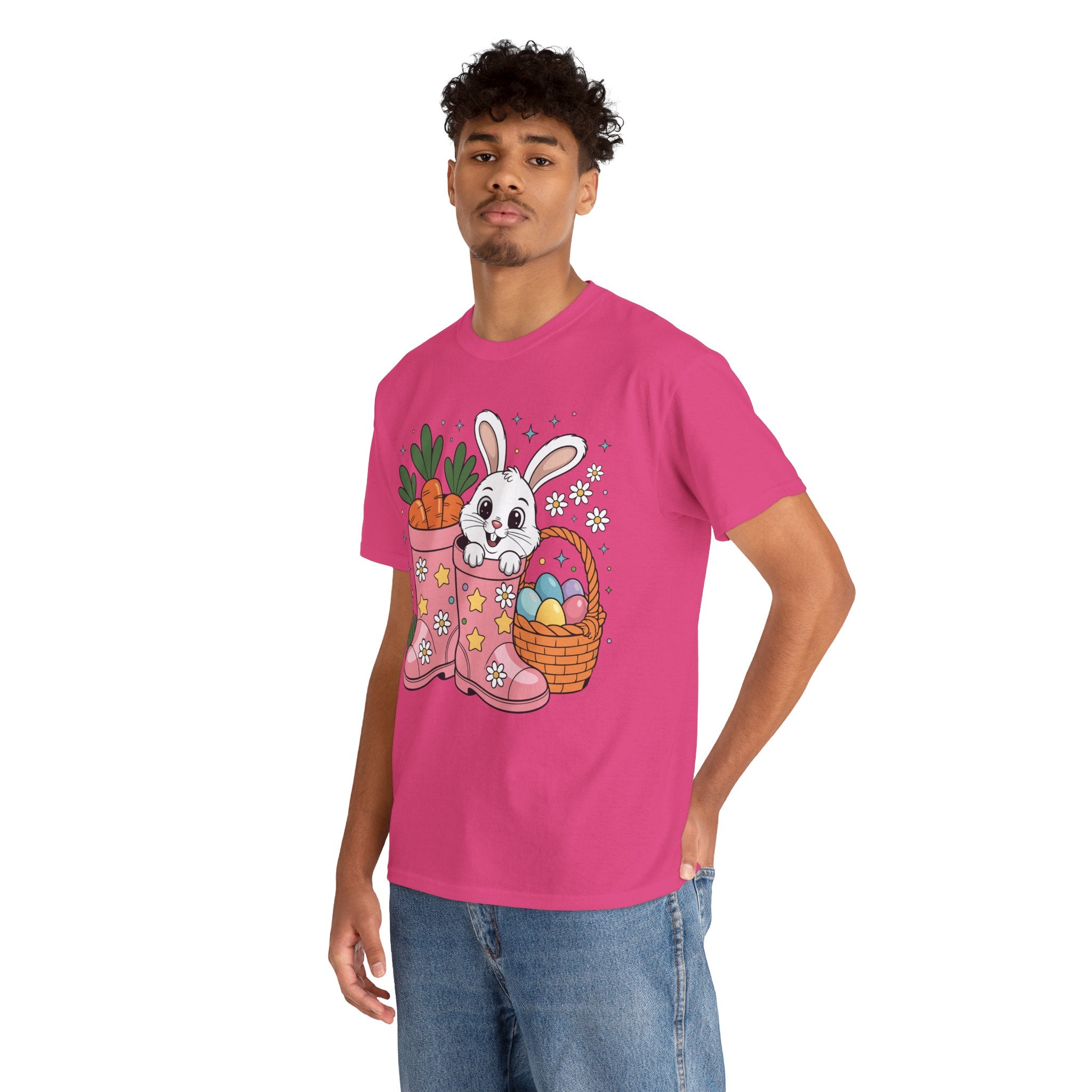 Easter Bunny in Pink Rain Boots T-Shirt — Cartoon Bunny, Carrots & Colorful Eggs Unisex Cotton Tee