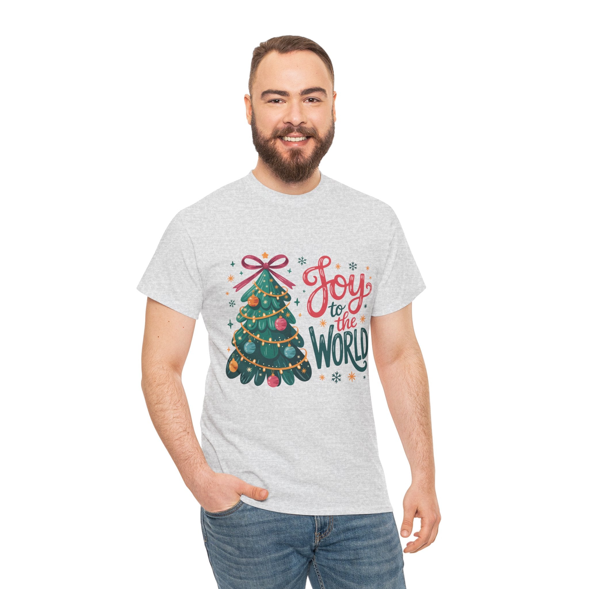 Joy to the World Christmas Tee — Festive Tree with Pink Bow..Unisex Cotton Tee