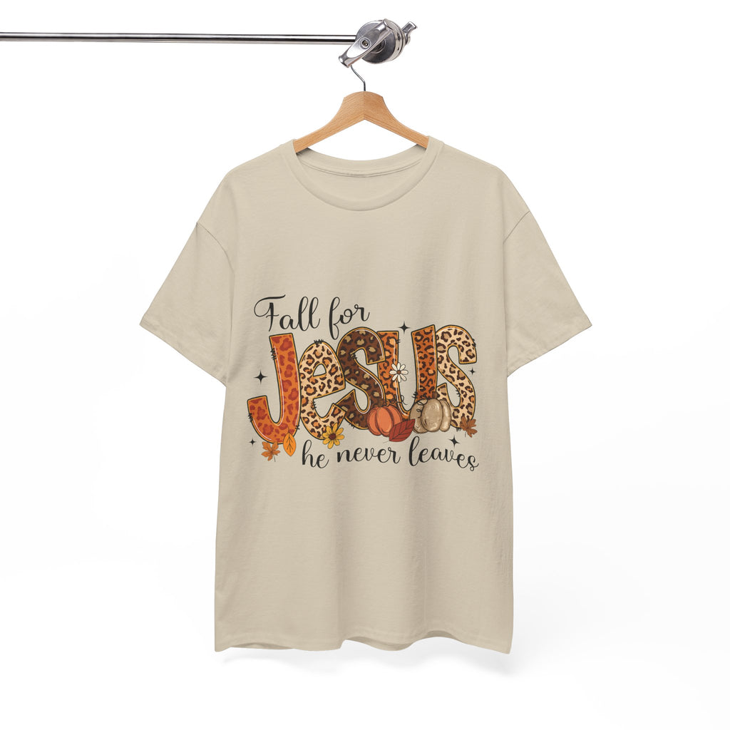 JESUS Leopard Print Fall T-Shirt — Pumpkins, Leaves & Floral Christian Unisex Cotton Tee