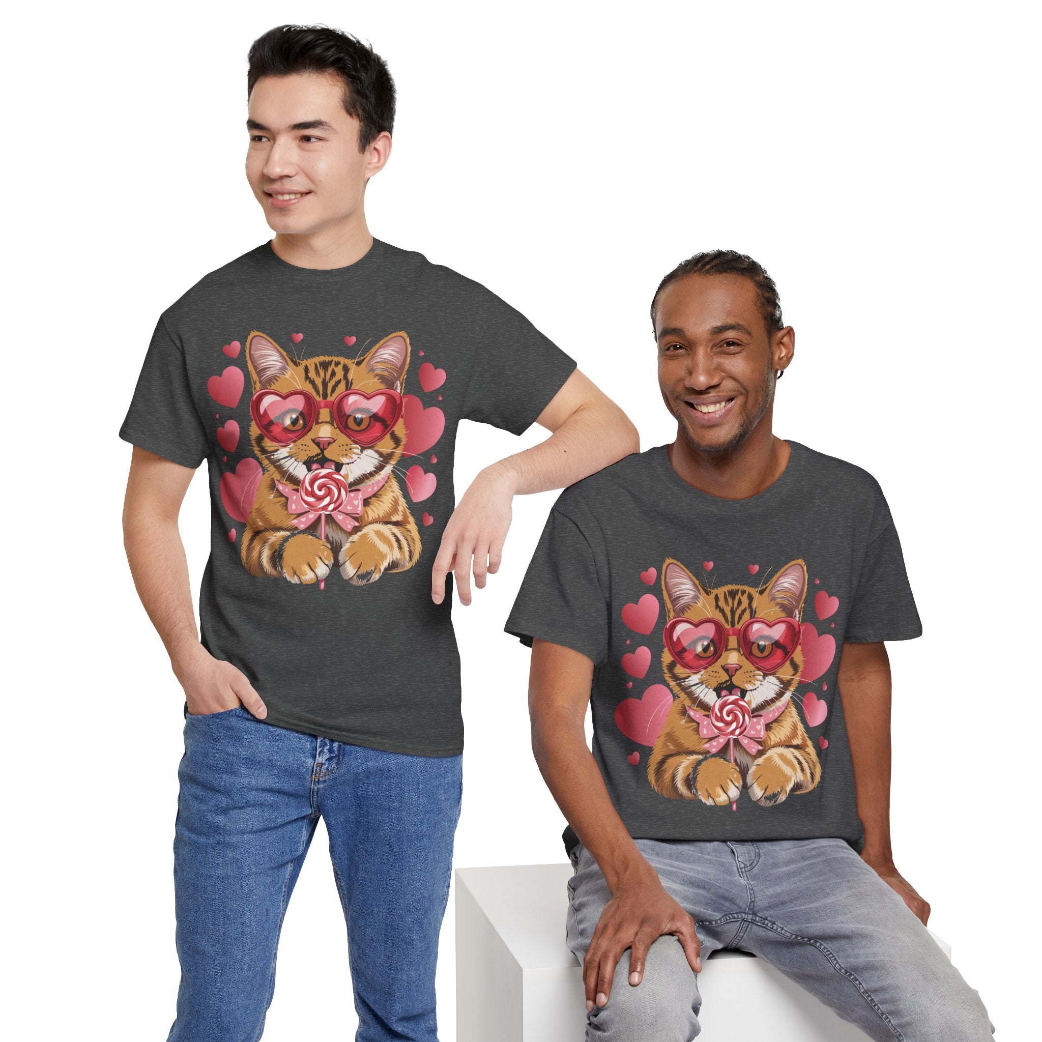 Valentine Cat Tee — Heart Glasses, Lollipop Bow Unisex Cotton Tee
