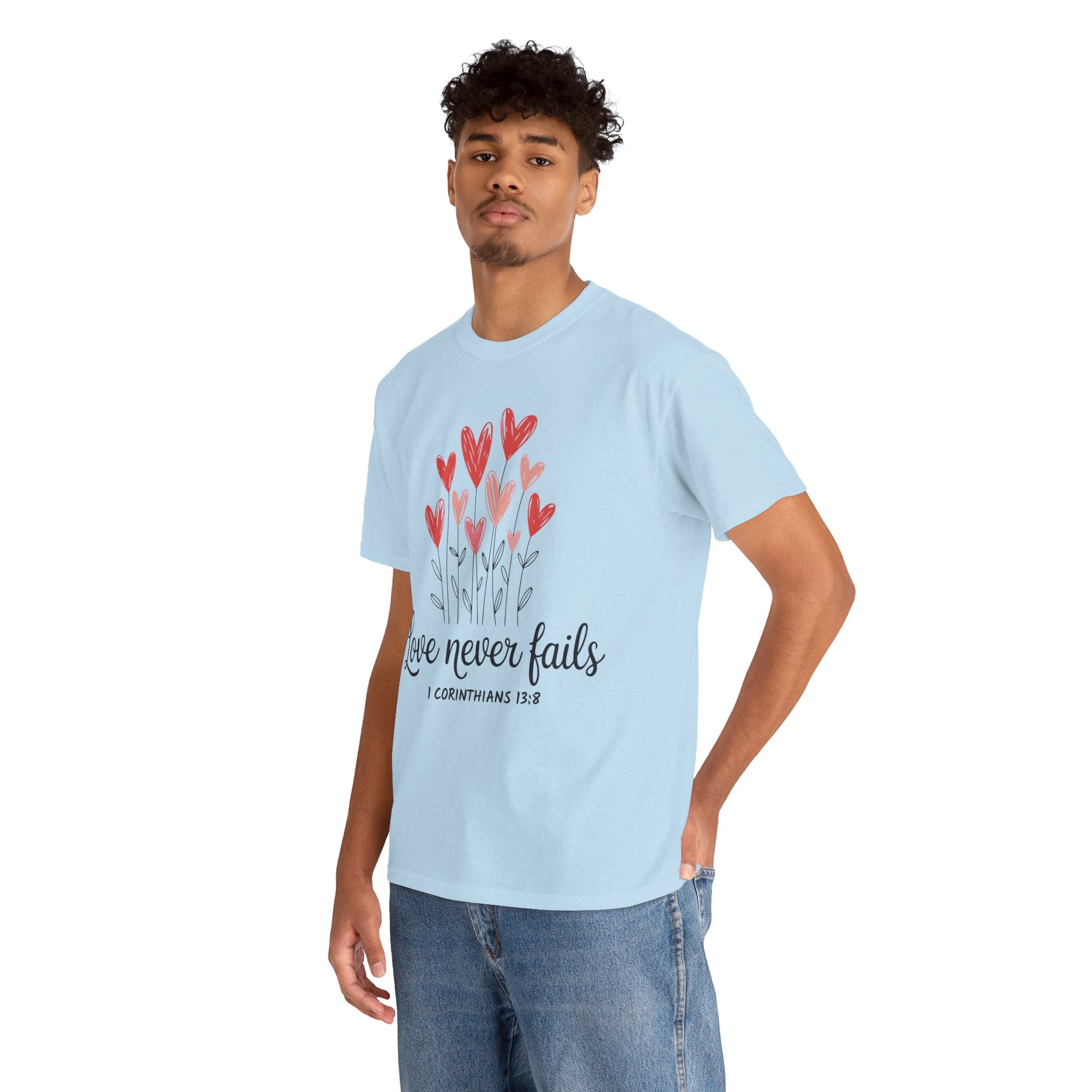 Christian Valentine T-Shirt — "Love Never Fails" (1 Corinthians 13:8) Unisex Cotton Tee