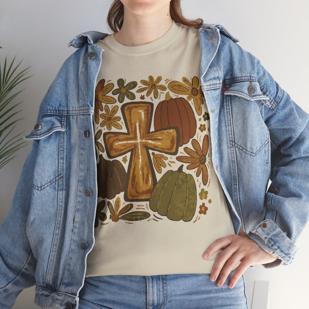 Autumn Cross Tee — Rustic Pumpkin & Fall Floral Christian Unisaex Cotton T-Shirt