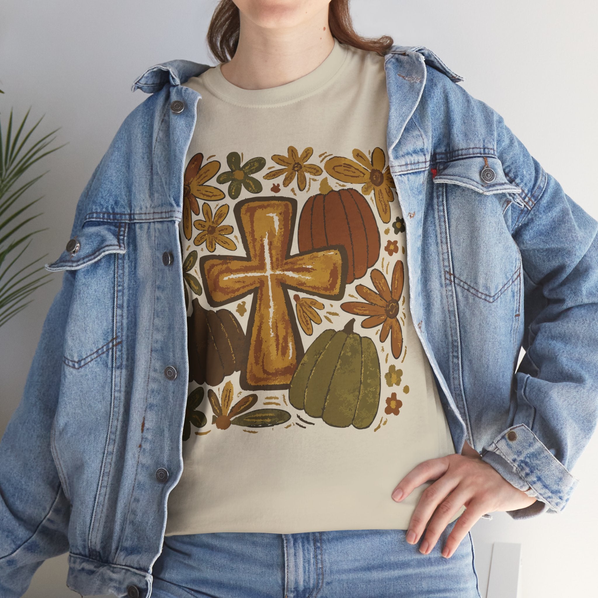 Autumn Cross Tee — Rustic Pumpkin & Fall Floral Christian Unisaex Cotton T-Shirt
