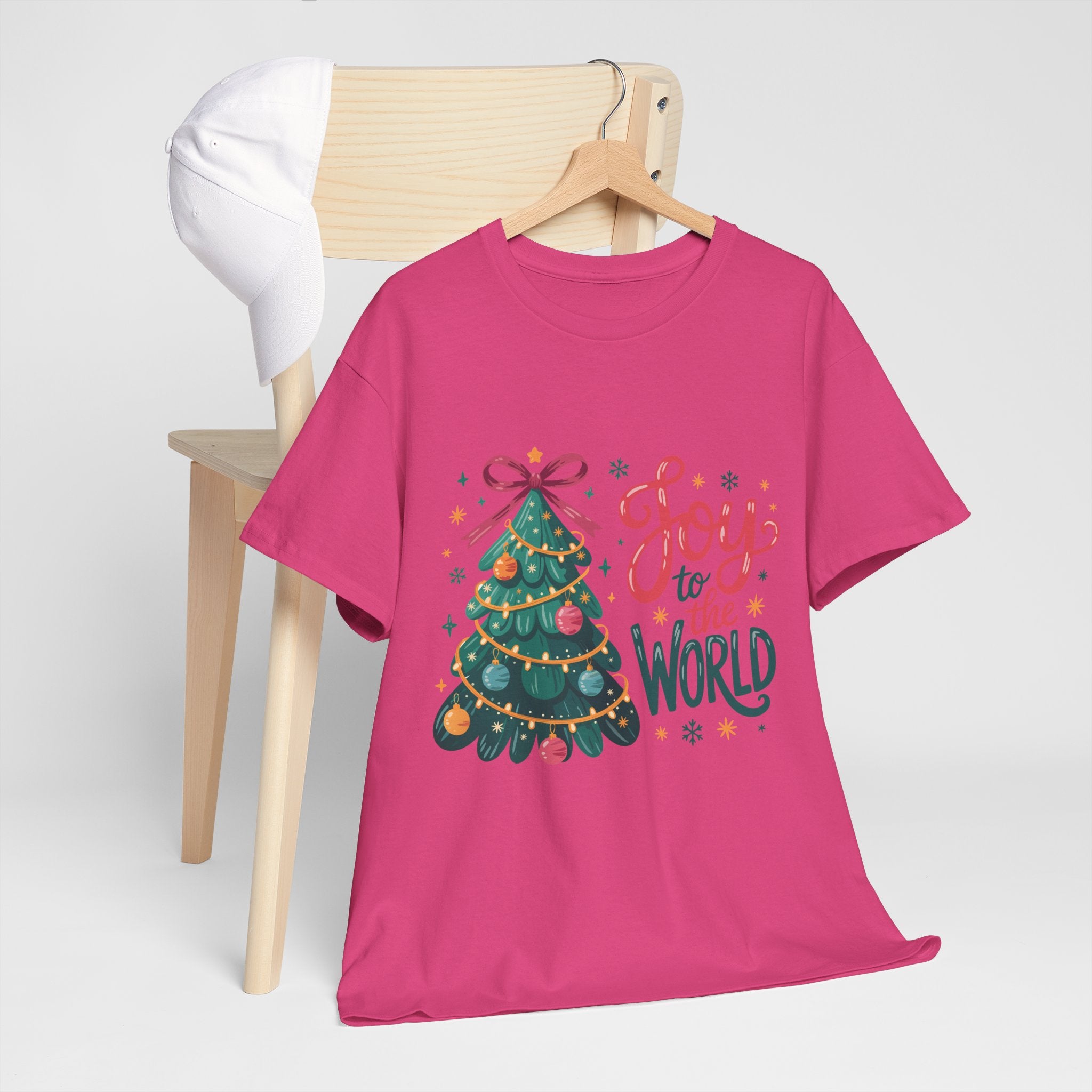 Joy to the World Christmas Tee — Festive Tree with Pink Bow..Unisex Cotton Tee