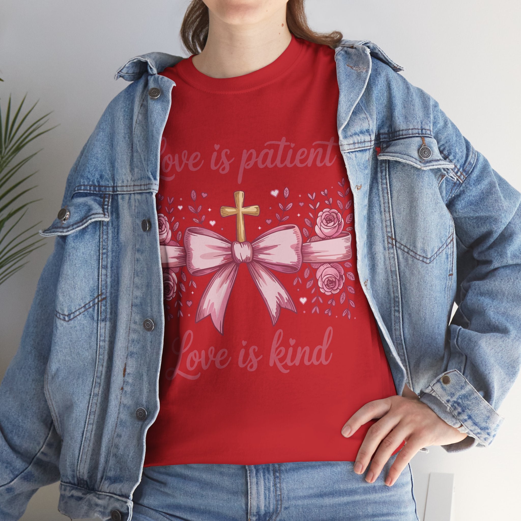 Christian Floral Tee — "Love is Patient, Love is Kind" Pink Rose Cross. Unisex Cotton Tee