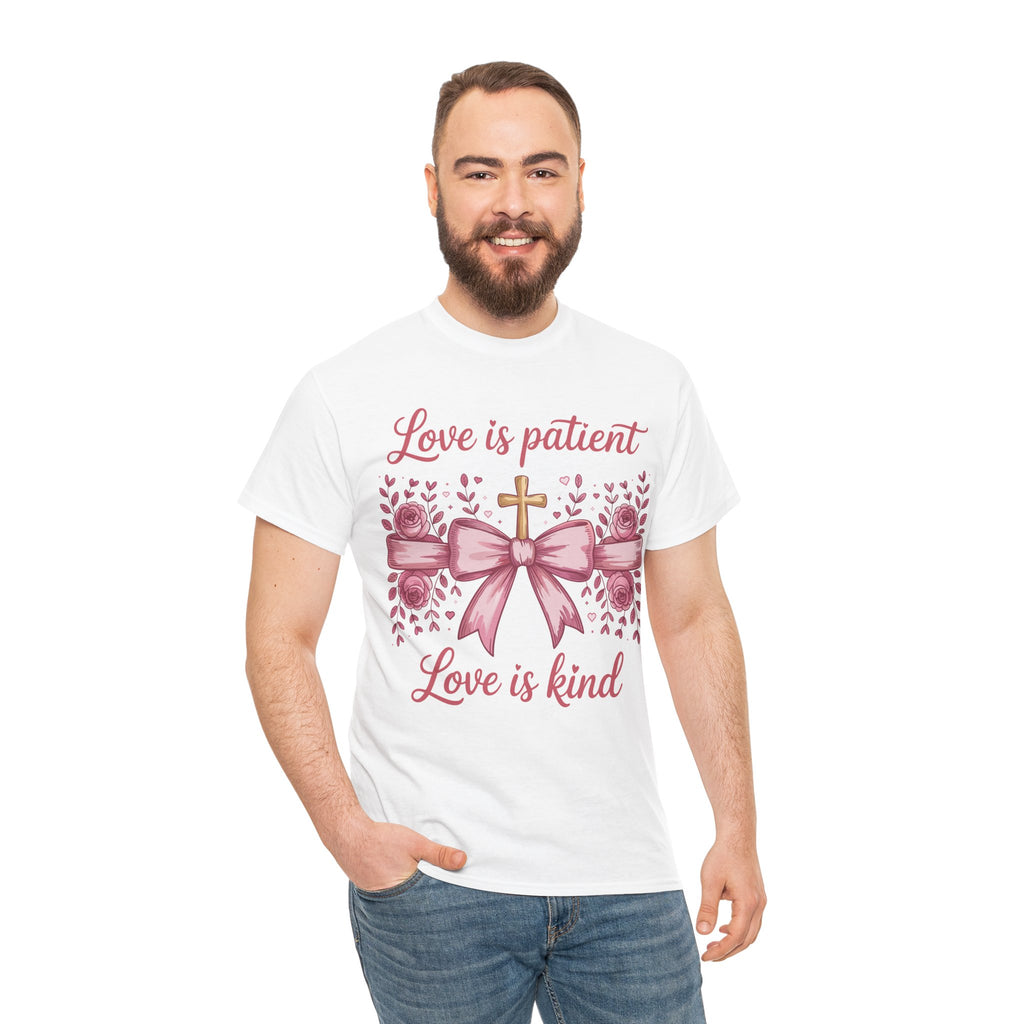 Christian Floral Tee — "Love is Patient, Love is Kind" Pink Rose Cross. Unisex Cotton Tee