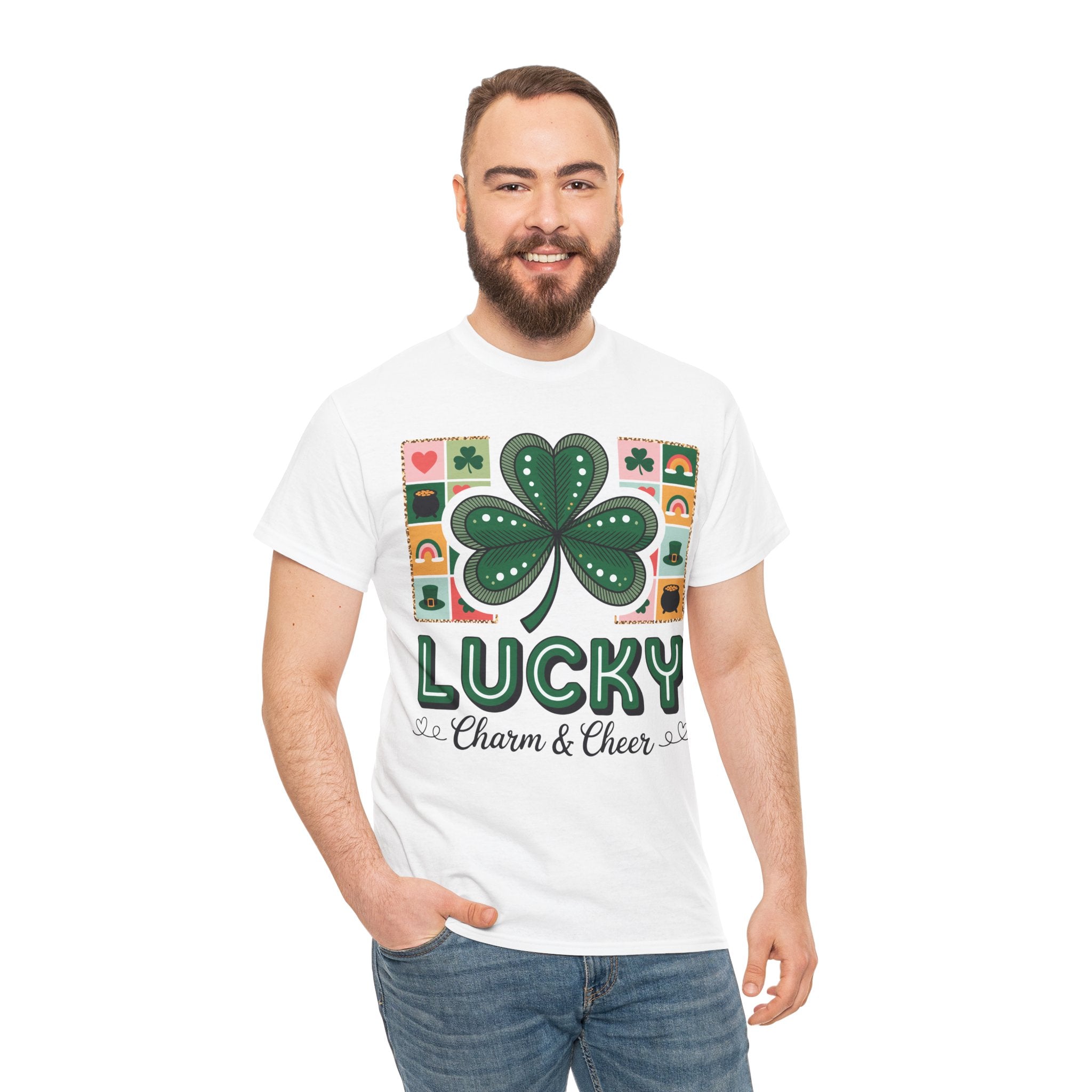 Lucky Charm & Cheer Clover Tee — Patchwork St. Patrick’s Day Unisex Cotton T-Shirt