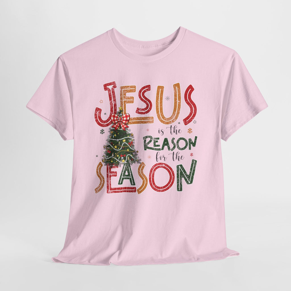 Jesus Is the Reason for the Season Christmas T-Shirt — Plaid Bow Tree..Unisex Cotton Tee