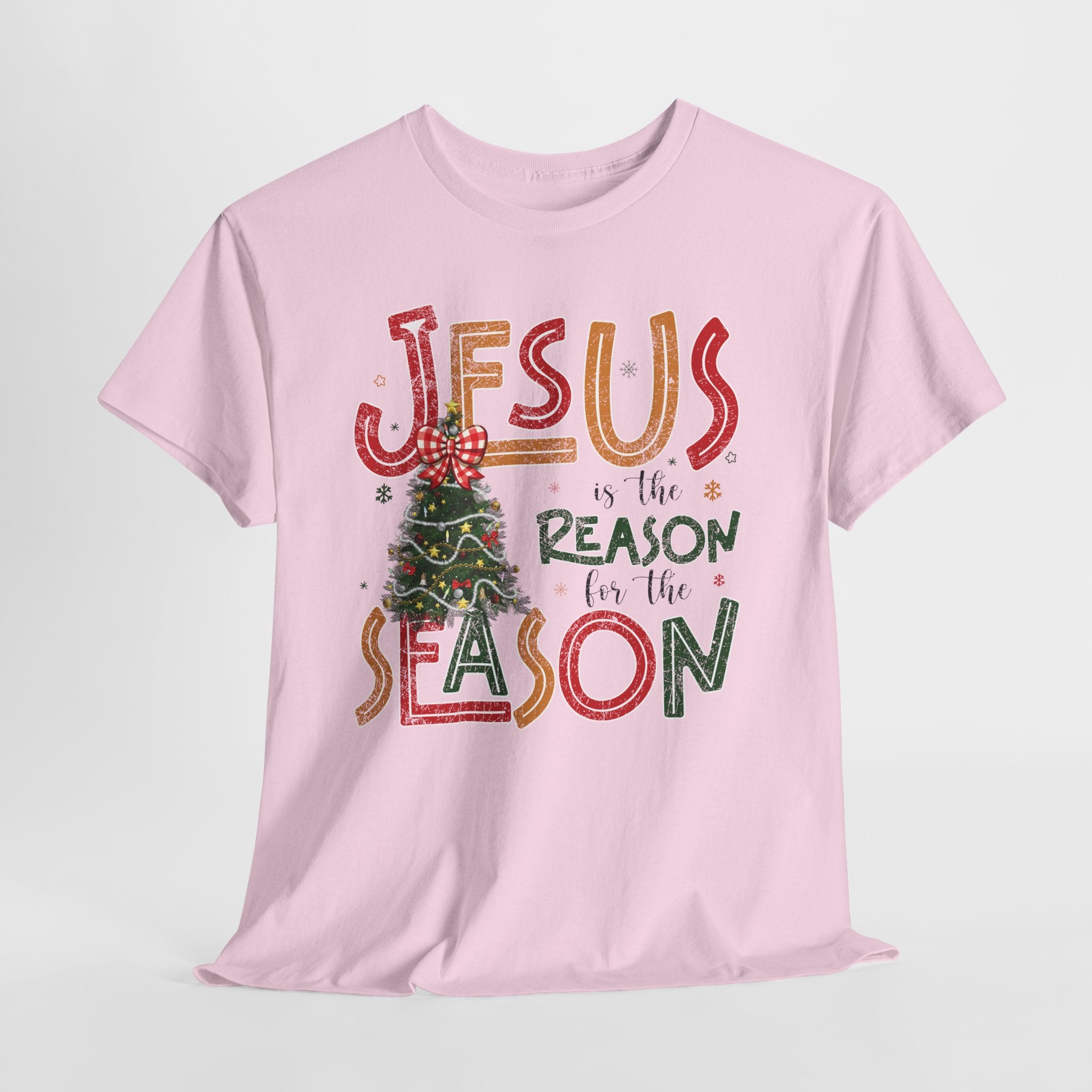 Jesus Is the Reason for the Season Christmas T-Shirt — Plaid Bow Tree..Unisex Cotton Tee