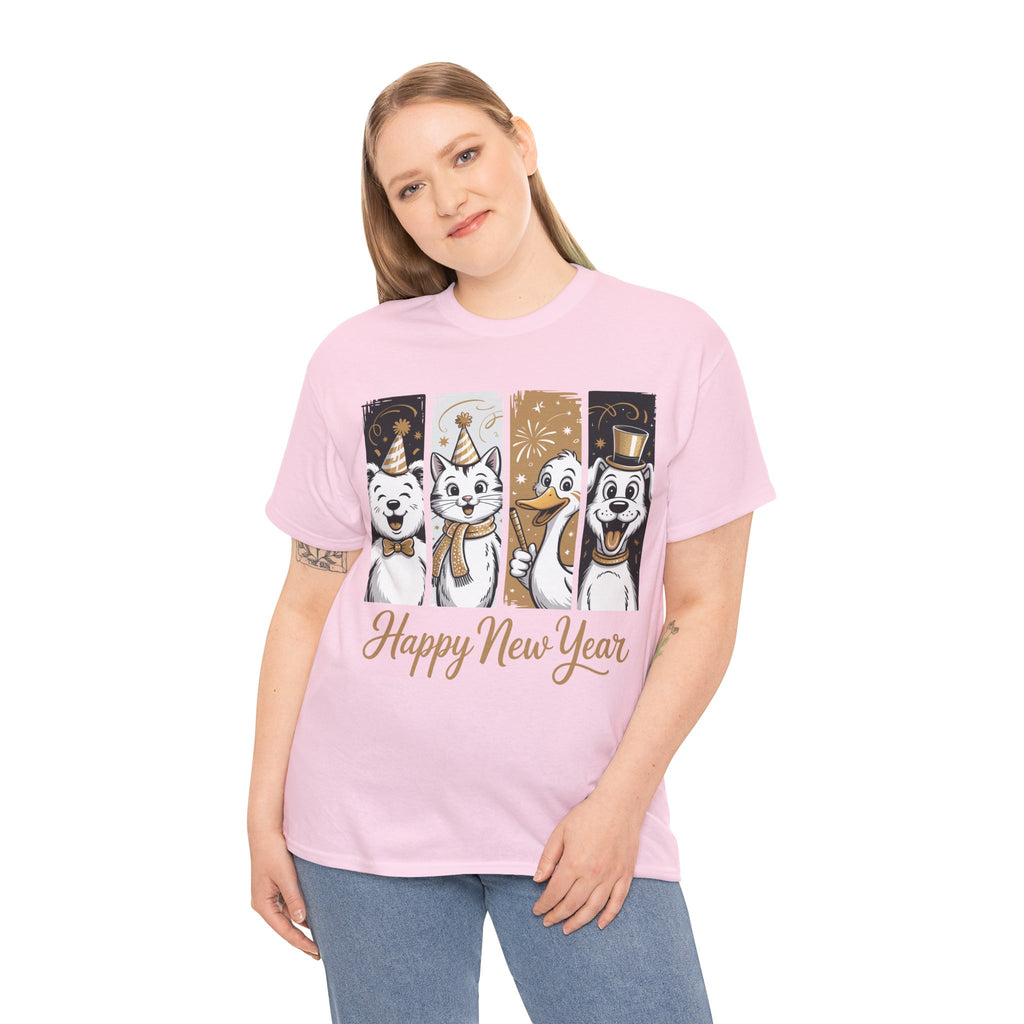 Happy New Year Party Animals T-Shirt — Cute Smiling Animals in Party Hats & Gold Fireworks..Unisex Cotton Tee