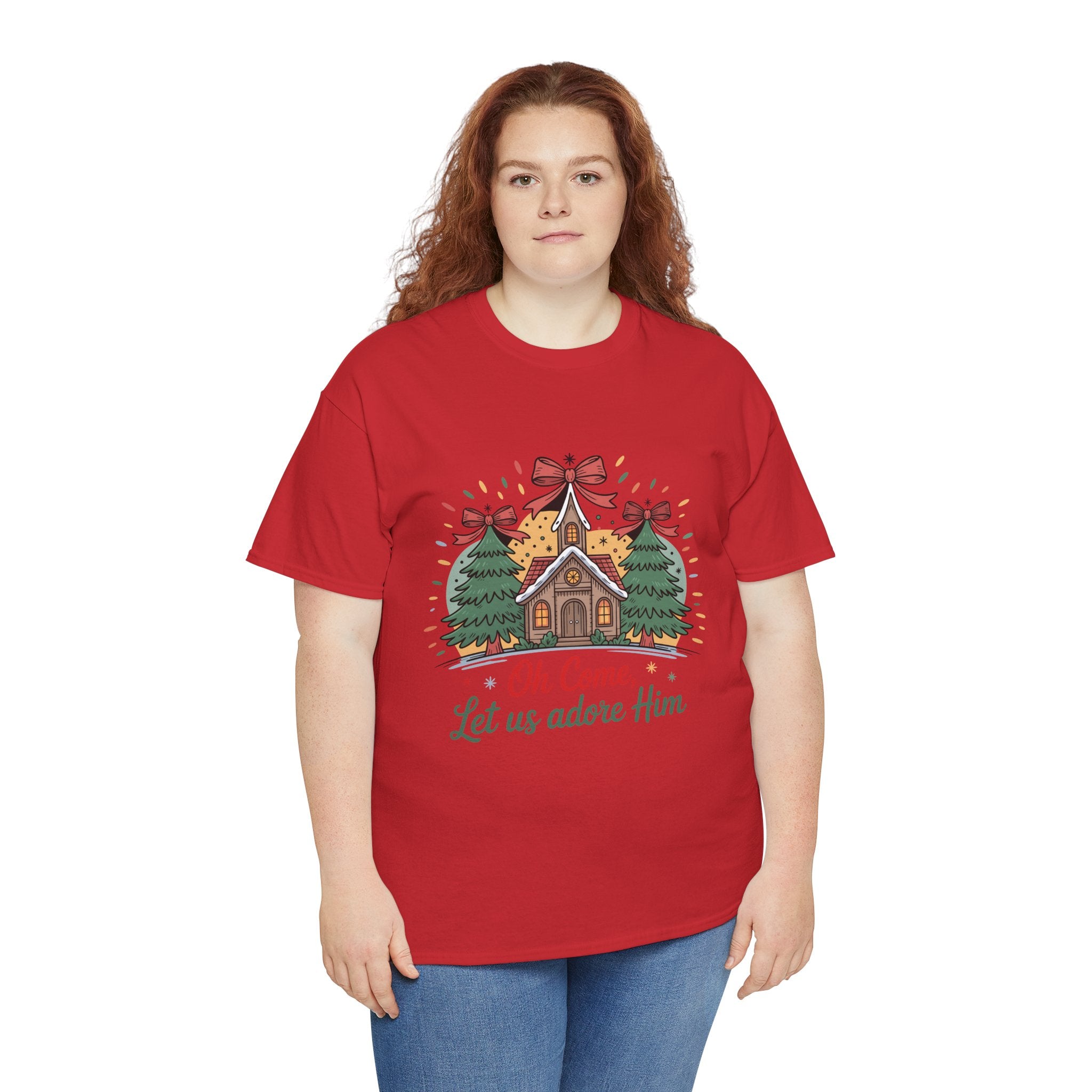 Oh Come Let Us Adore Him Christmas Tee — Church & Trees Holiday Unisex Cotton Tshirt