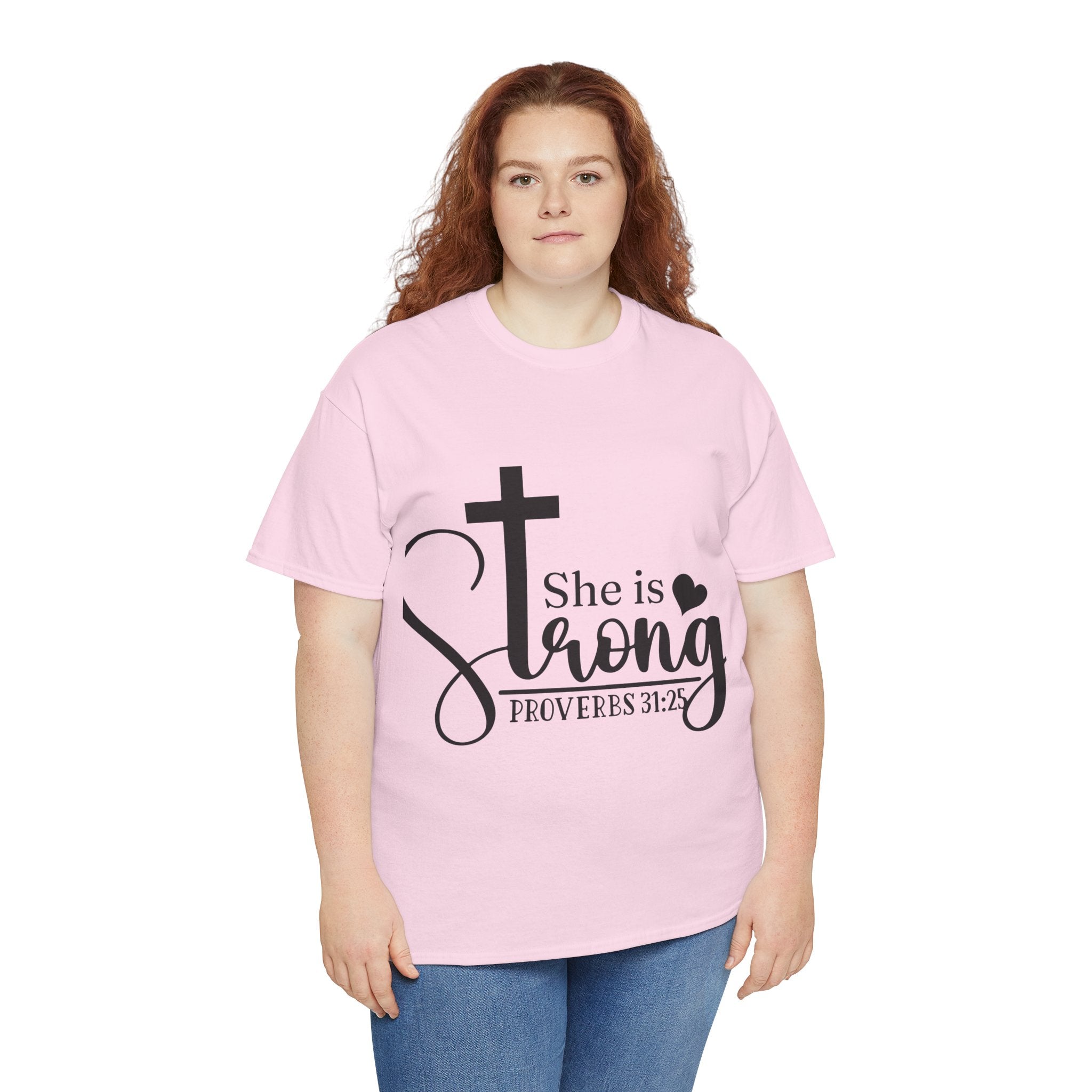 Proverbs 31:25 'She is Strong' T-Shirt – Christian Cross & Heart Unisex Cotton Tee