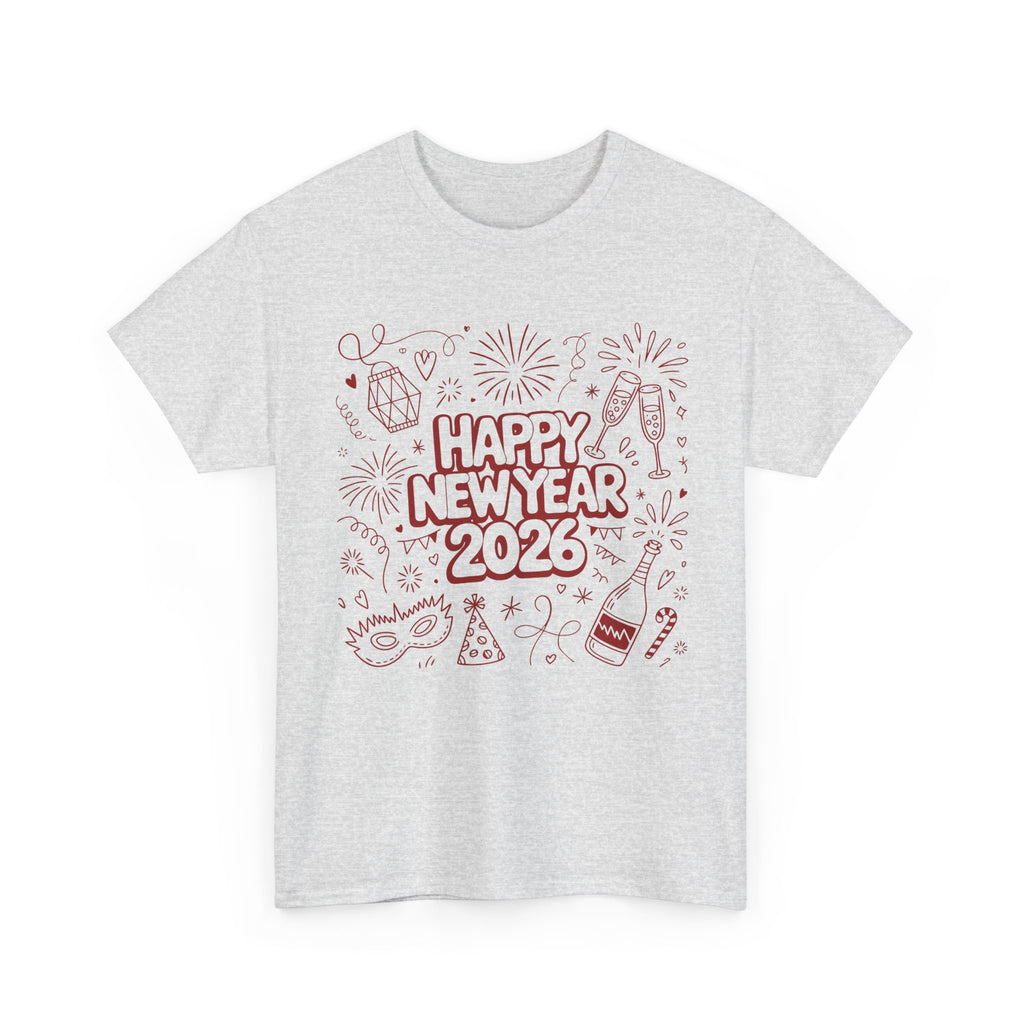 Happy New Year 2026 Doodle T-Shirt — Pink Party Icons & Champagne Unisex Cotton Tee