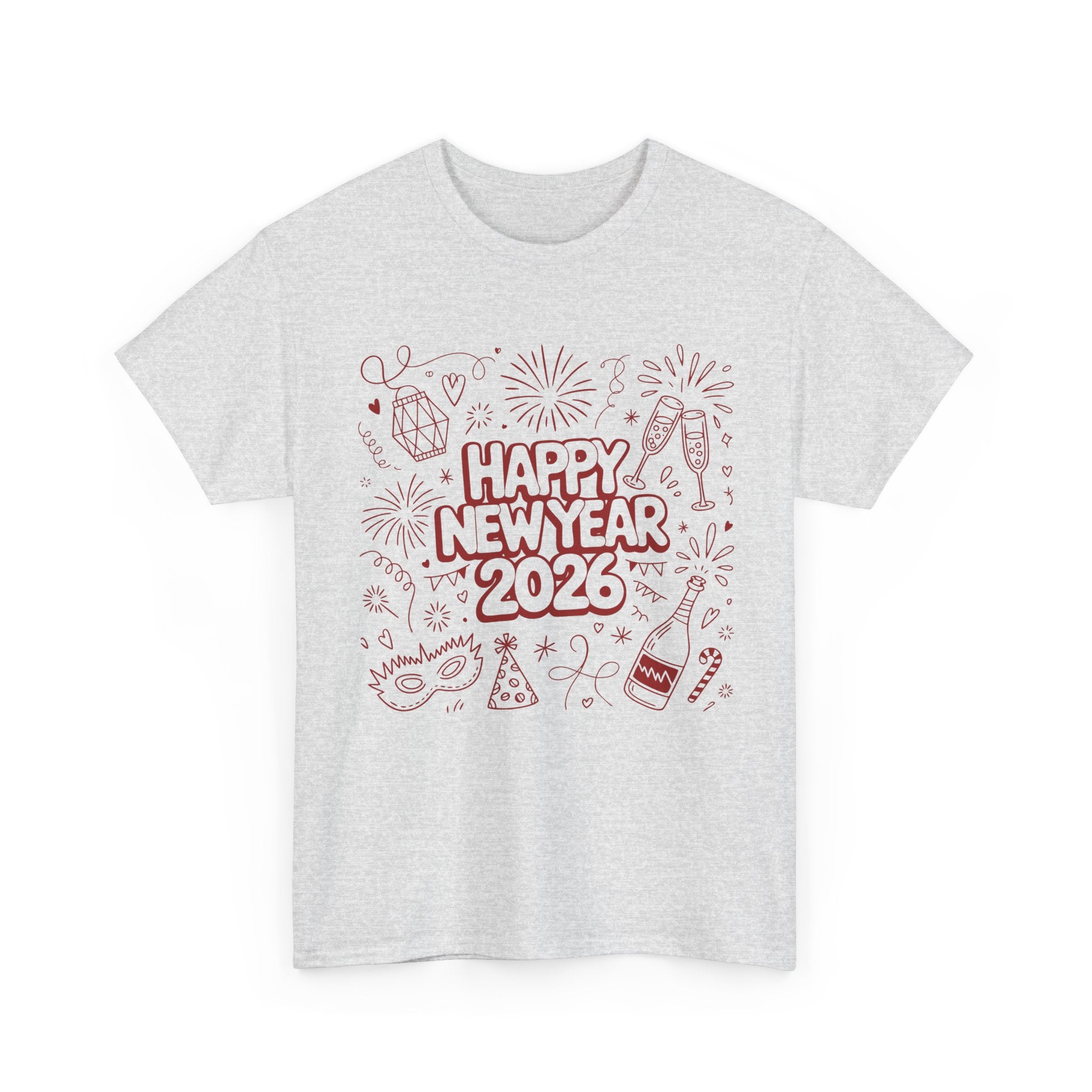 Happy New Year 2026 Doodle T-Shirt — Pink Party Icons & Champagne Unisex Cotton Tee