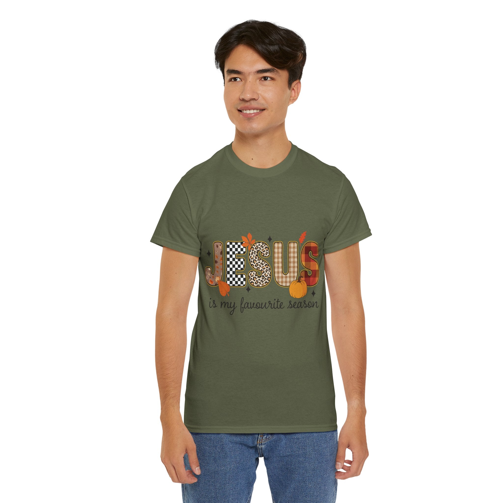 Jesus Is My Favorite Season Tee — Autumn Plaid & Leopard Lettering Unisex Cotton Tee