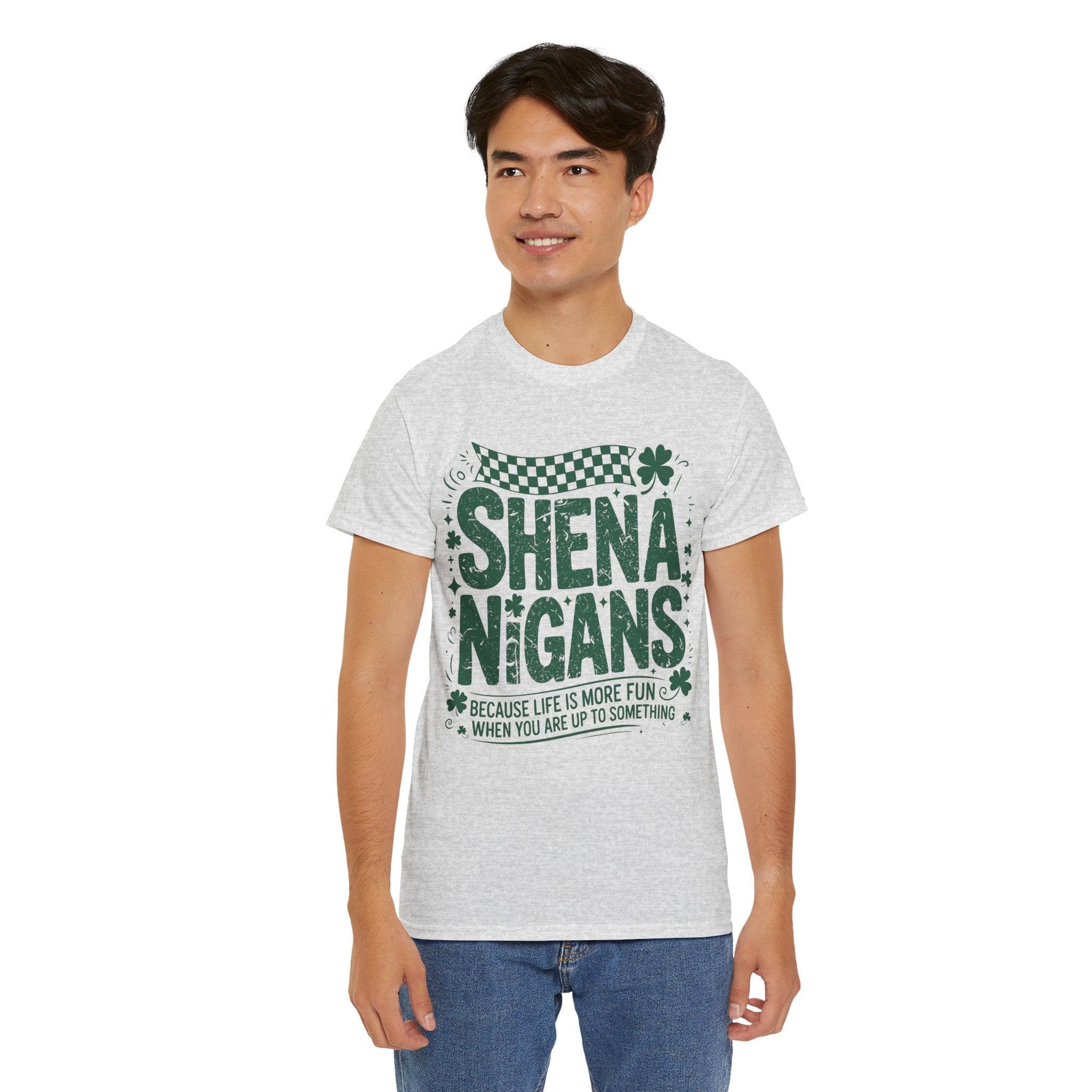 Shenanigans Clover Tee — Bright Green St. Patrick’s Day Shirt with Checkered Flag Unisex Cotton Tee