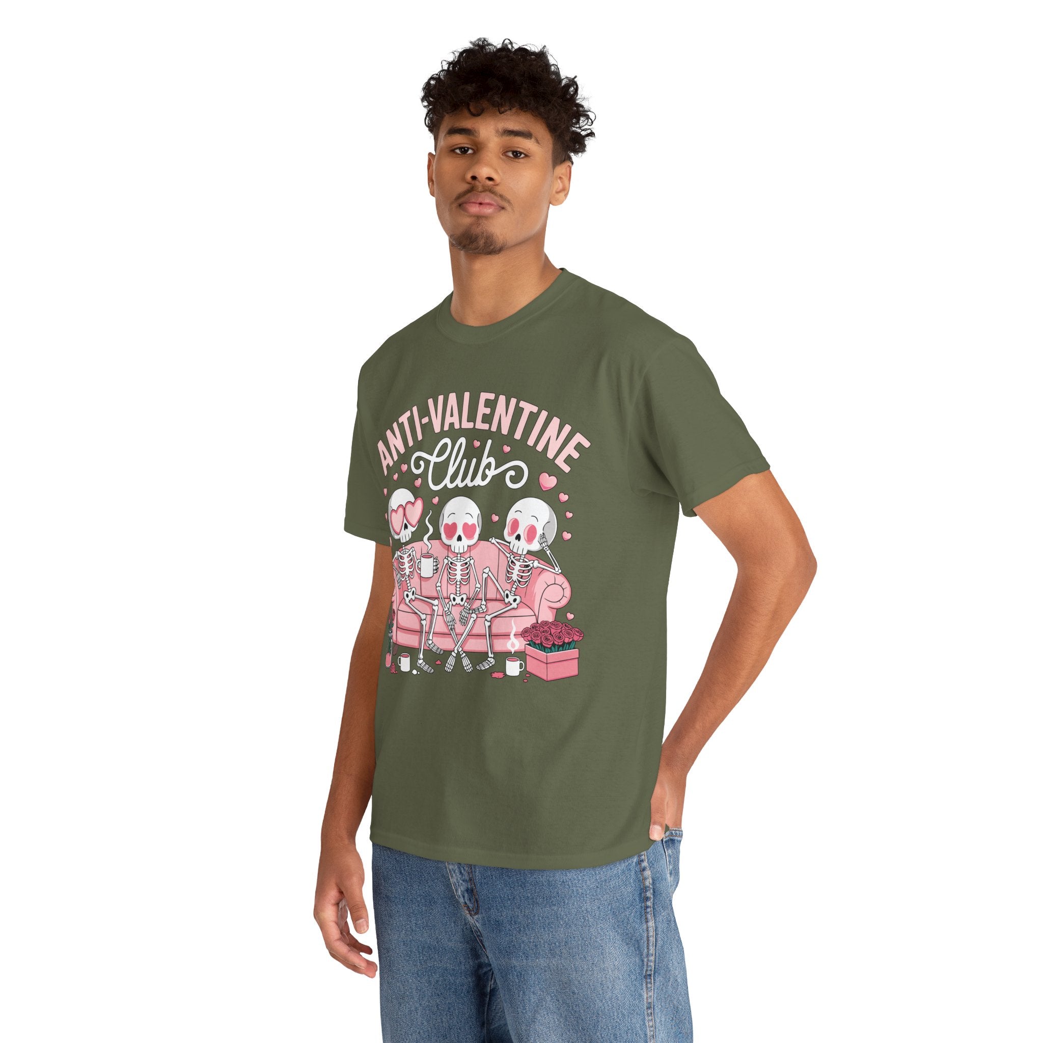 Anti-Valentine Club Skeleton Tee — Anti-Romance Pink Couch Graphic Unisex Cotton T-Shirt