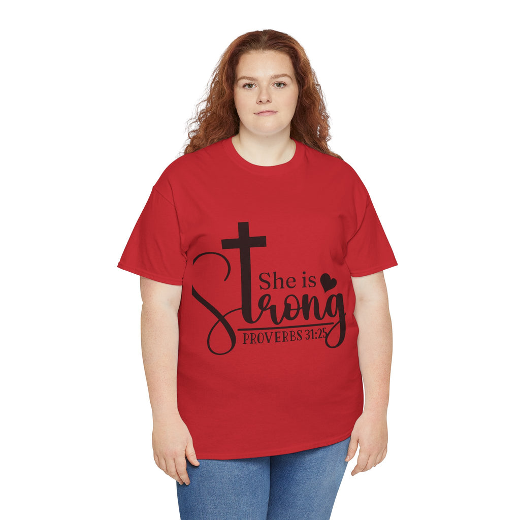 Proverbs 31:25 'She is Strong' T-Shirt – Christian Cross & Heart Unisex Cotton Tee