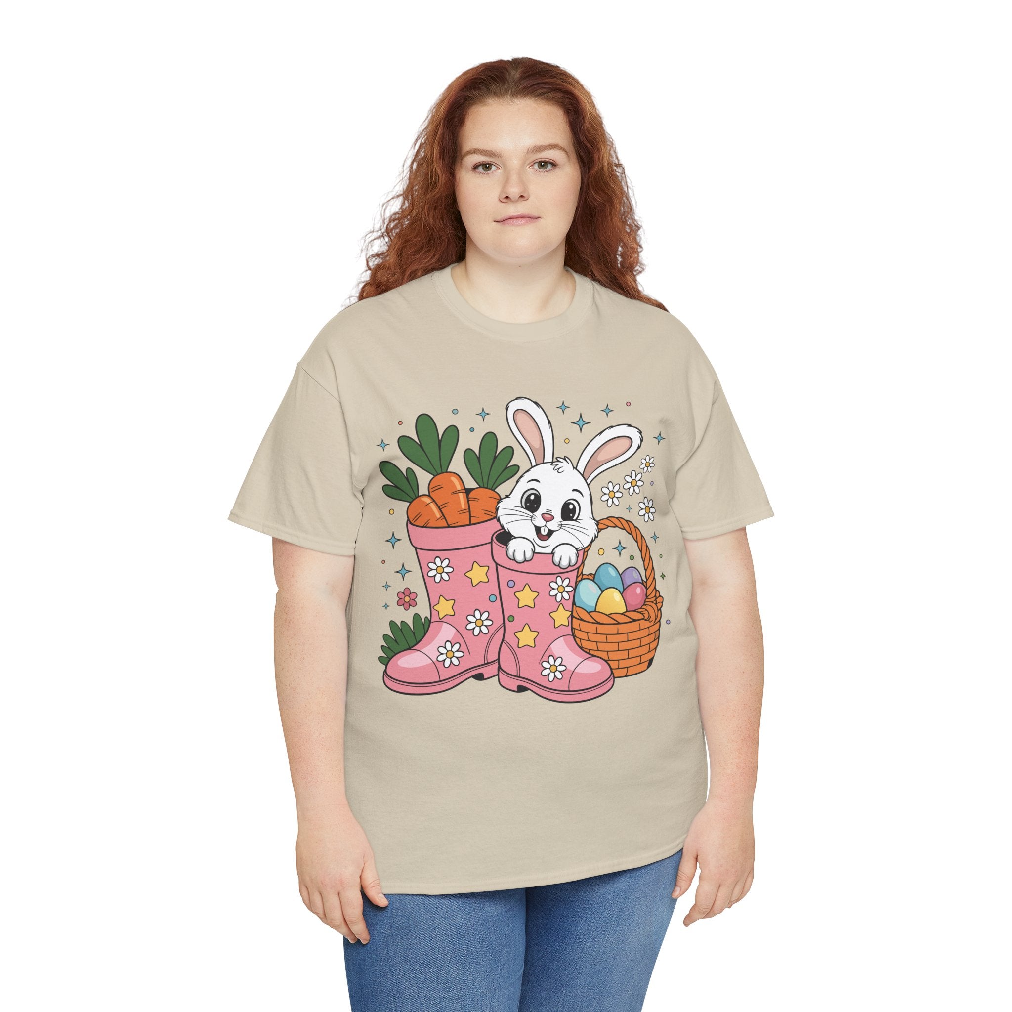 Easter Bunny in Pink Rain Boots T-Shirt — Cartoon Bunny, Carrots & Colorful Eggs Unisex Cotton Tee