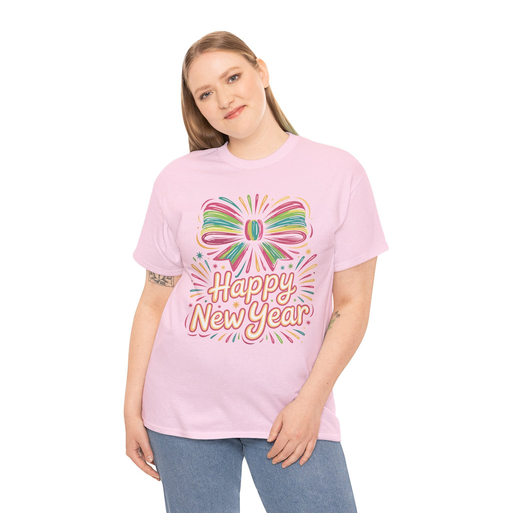 Happy New Year Pastel Tee — Rainbow Bow & Fireworks Celebration Unisex Cotton Tshirt