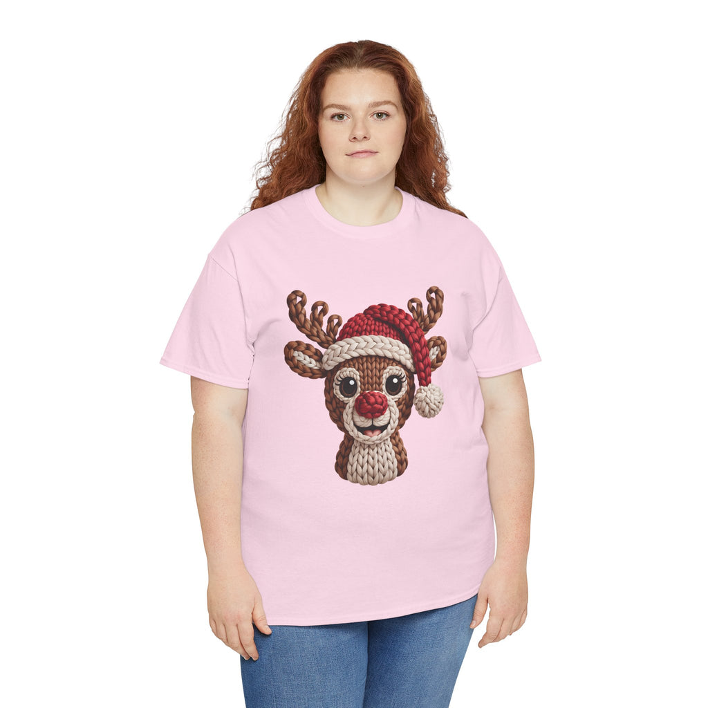 Reindeer in Santa Hat Cotton Tee — Joyful Faux-Yarn Holiday Unisex Coton T-Shirt