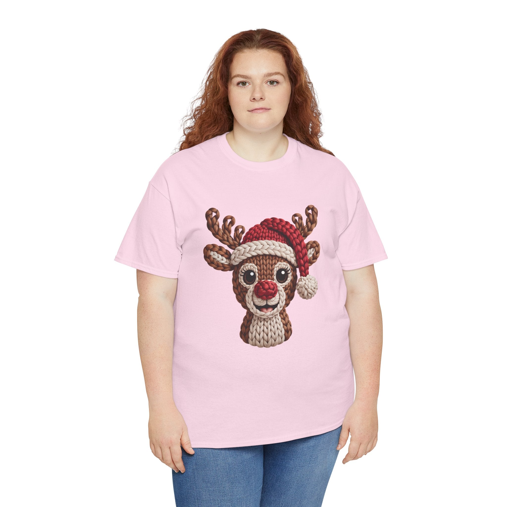 Reindeer in Santa Hat Cotton Tee — Joyful Faux-Yarn Holiday Unisex Coton T-Shirt