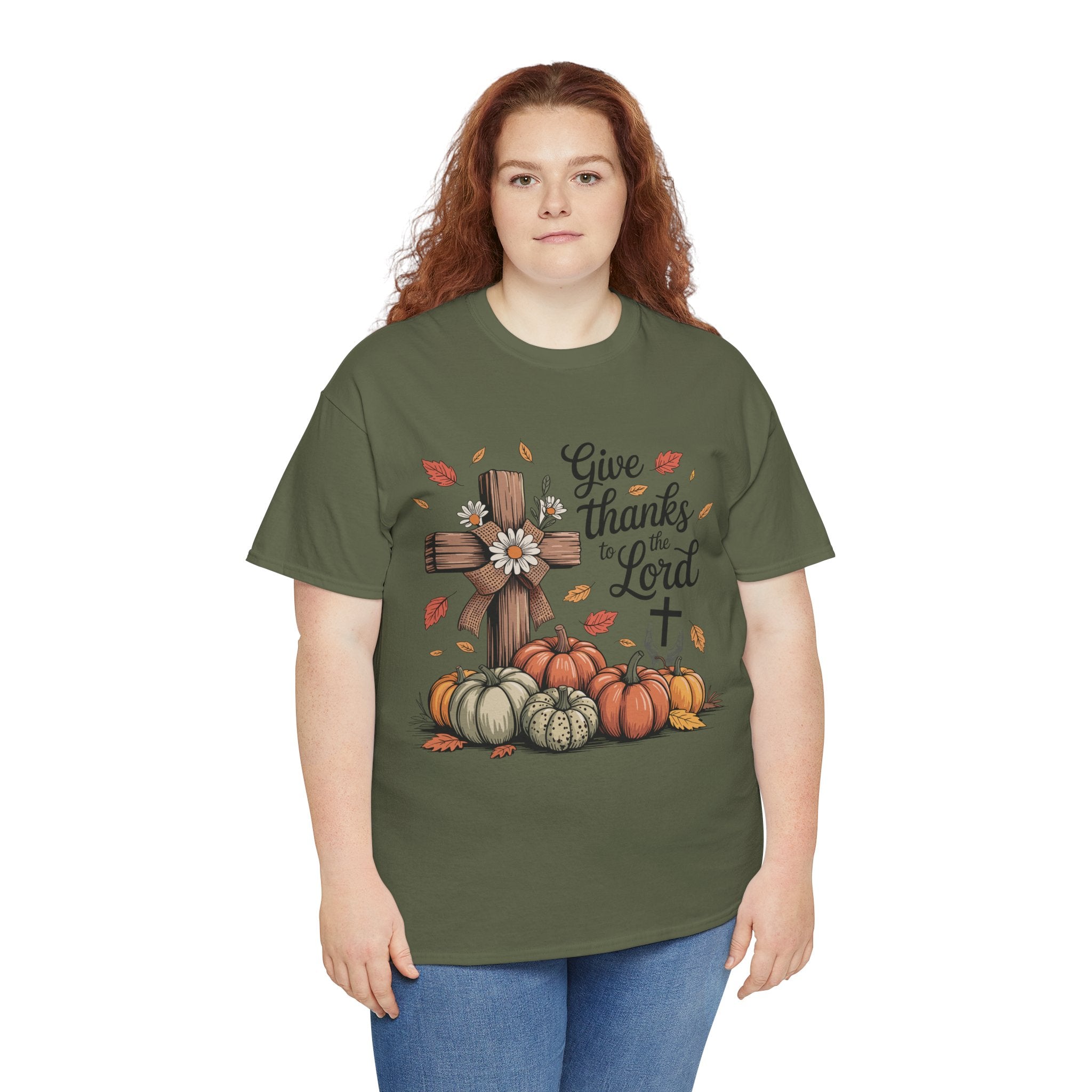 Give Thanks to the Lord Autumn Tee — Wooden Cross, Pumpkins & Daisies..Unisex Cotton Tee