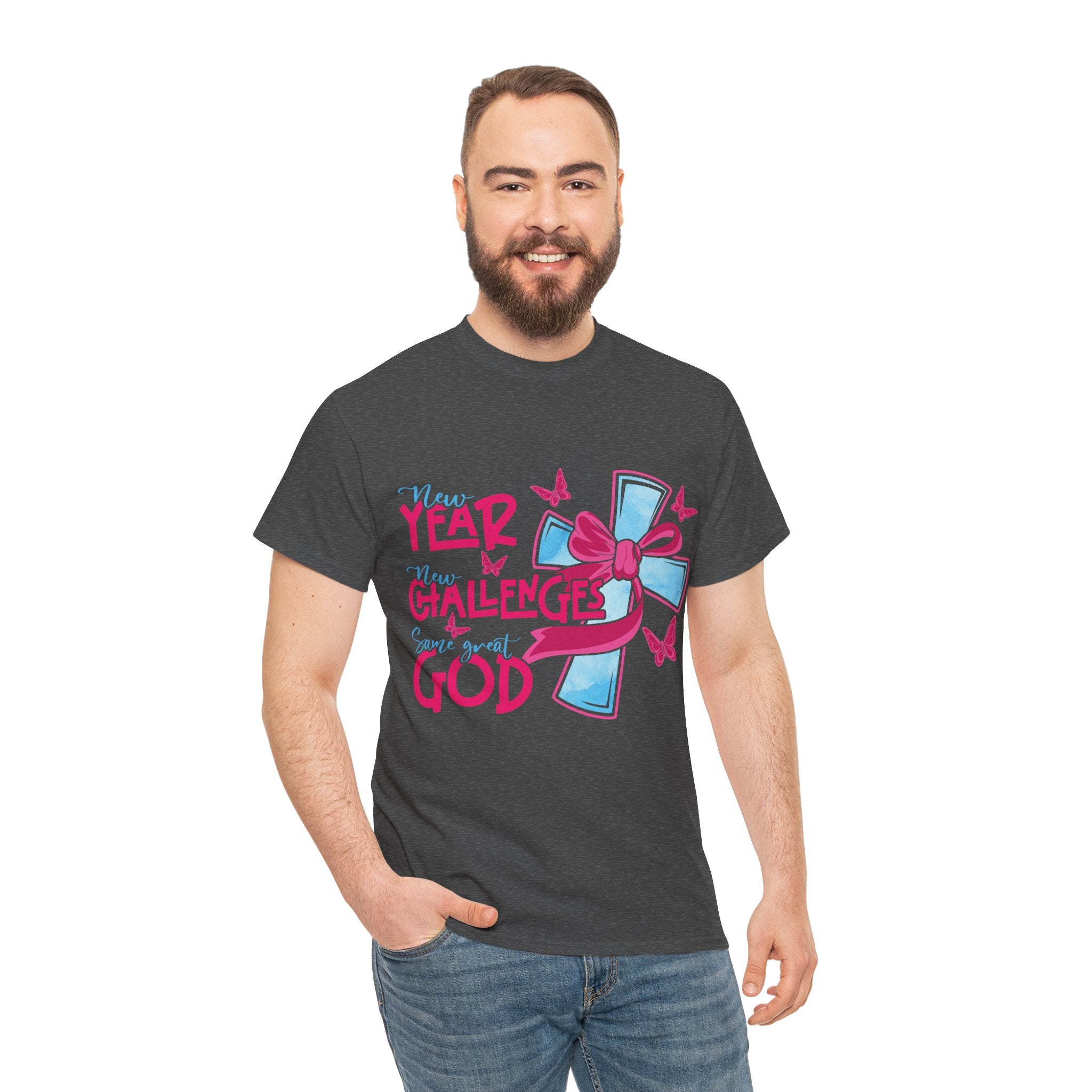 Christian T-Shirt — “New Year, New Challenges, Same Great God” with Pink Bow Cross & Butterflies. Unisex Cotton Tee