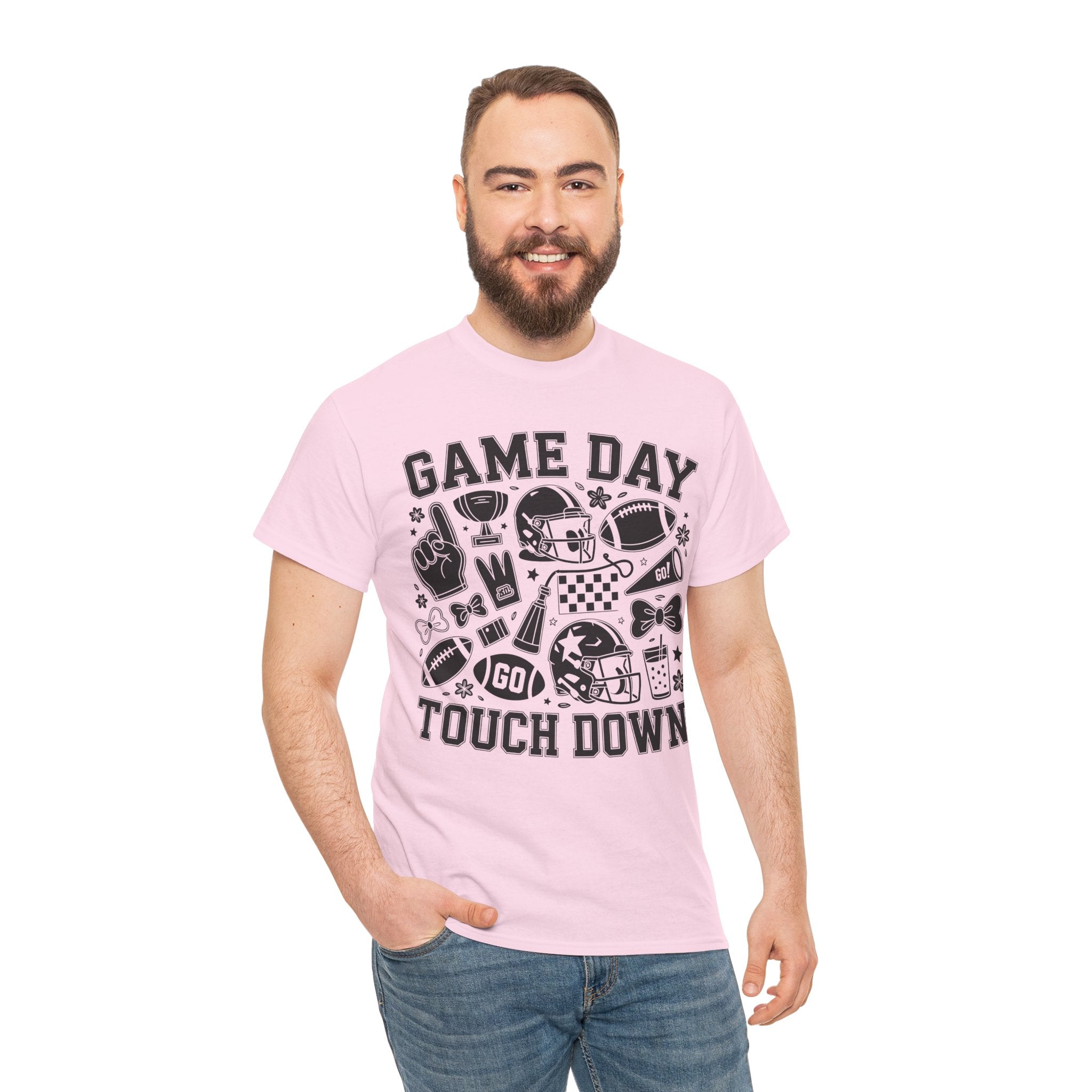 Game Day Touch Down Football T‑Shirt — Helmet & Cheer Monochrome Design Unisex Cotton Tee