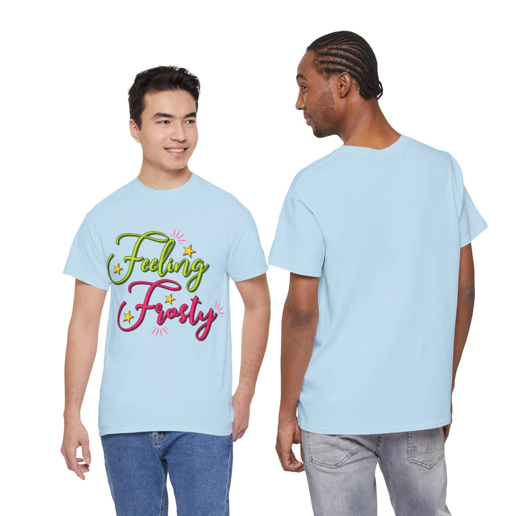 Feeling Frosty Holiday T-Shirt — Green & Pink Script Stars.Unisex Cotton Tee