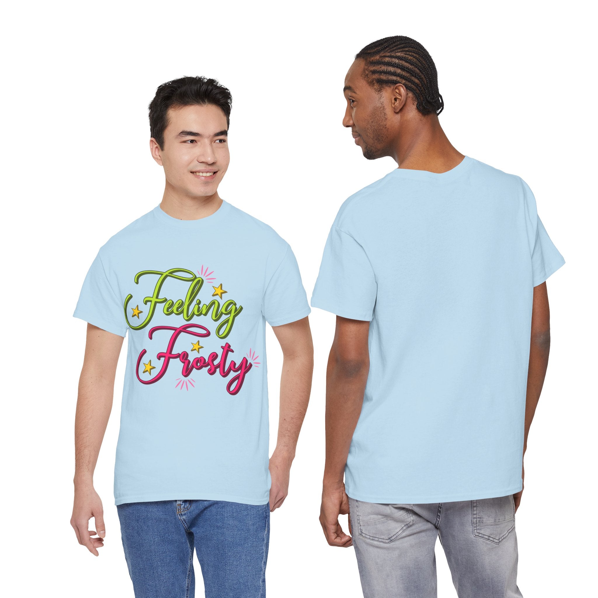Feeling Frosty Holiday T-Shirt — Green & Pink Script Stars.Unisex Cotton Tee