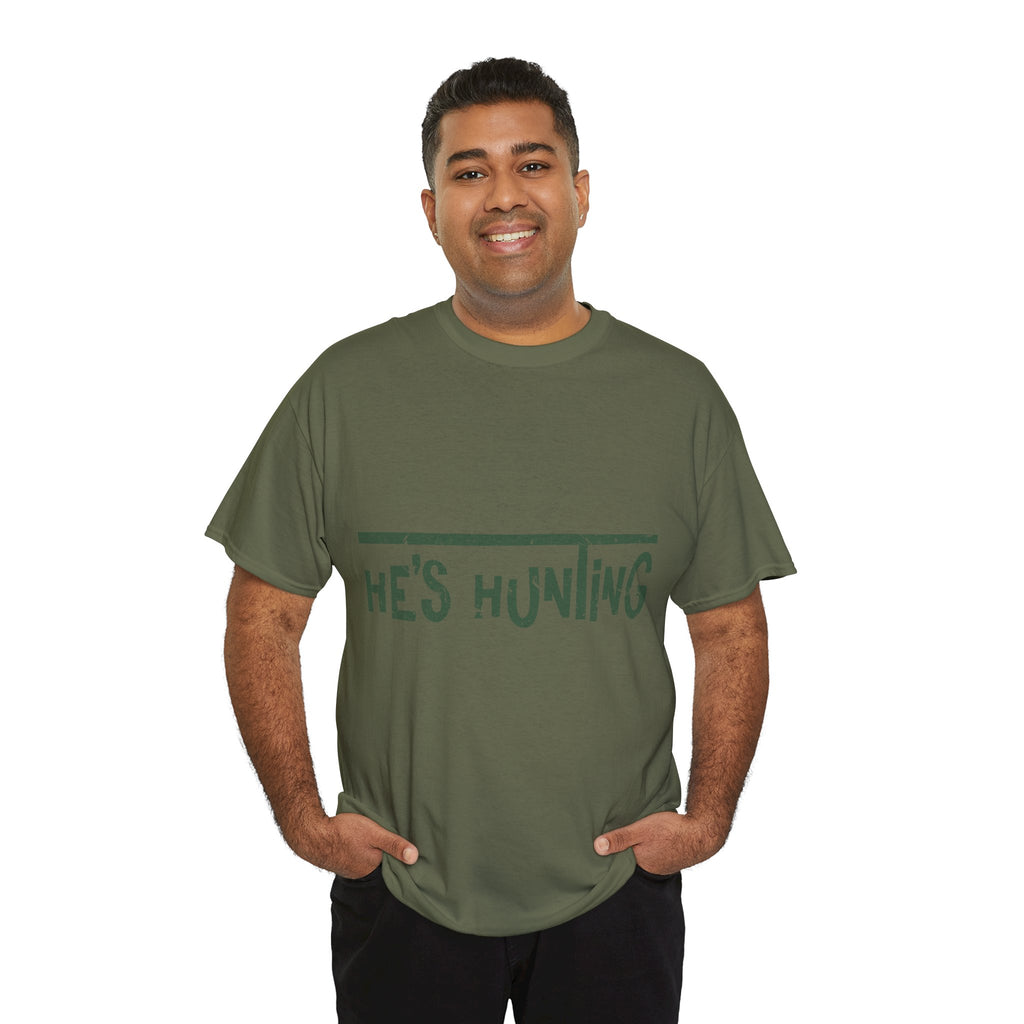 He’s Hunting Distressed Tee — Minimalist Tan Hunting Unisex Cotton Tshirt