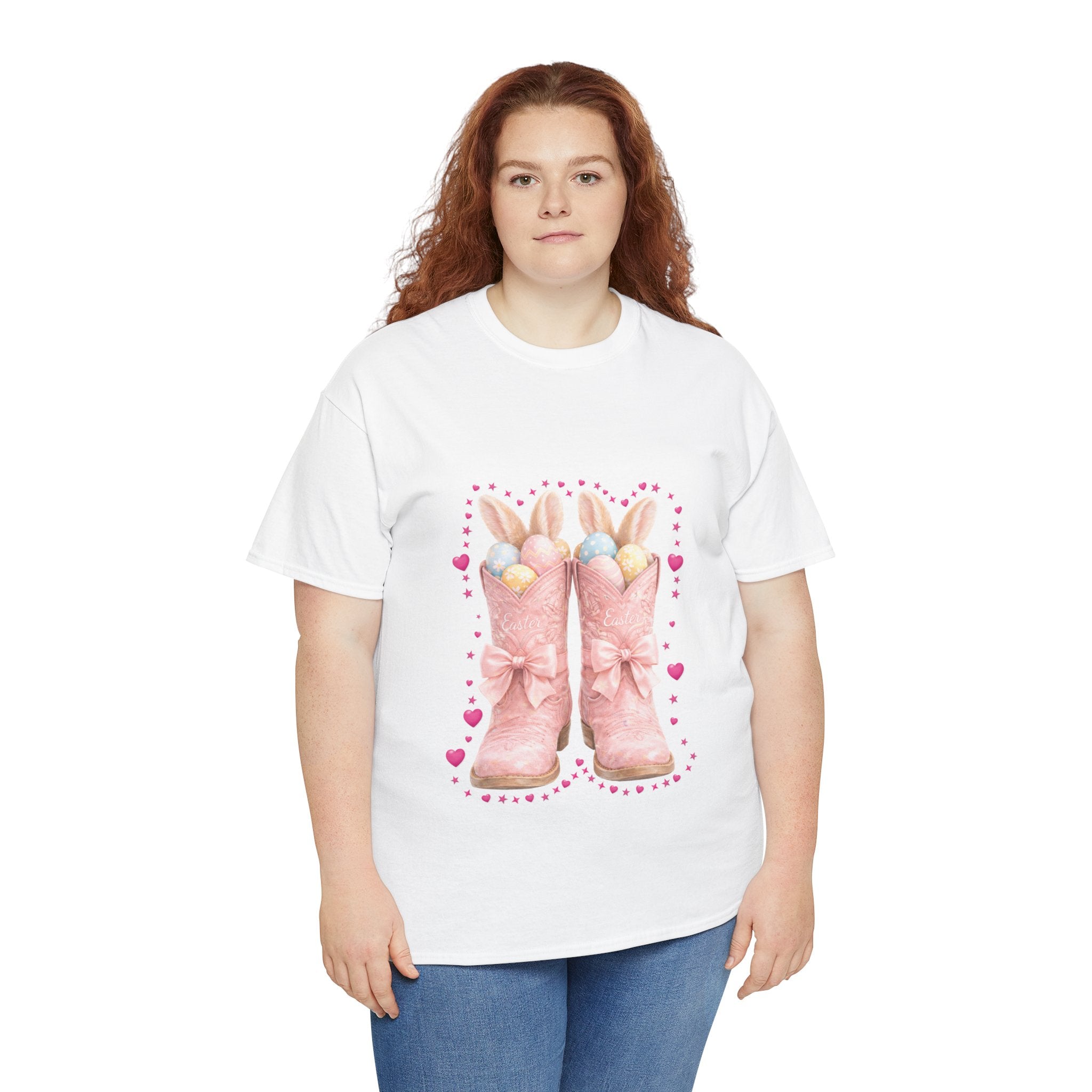 Easter Pink Western Boots Tee — Pastel Bunny Eggs & Bows Unisex Cotton Tee