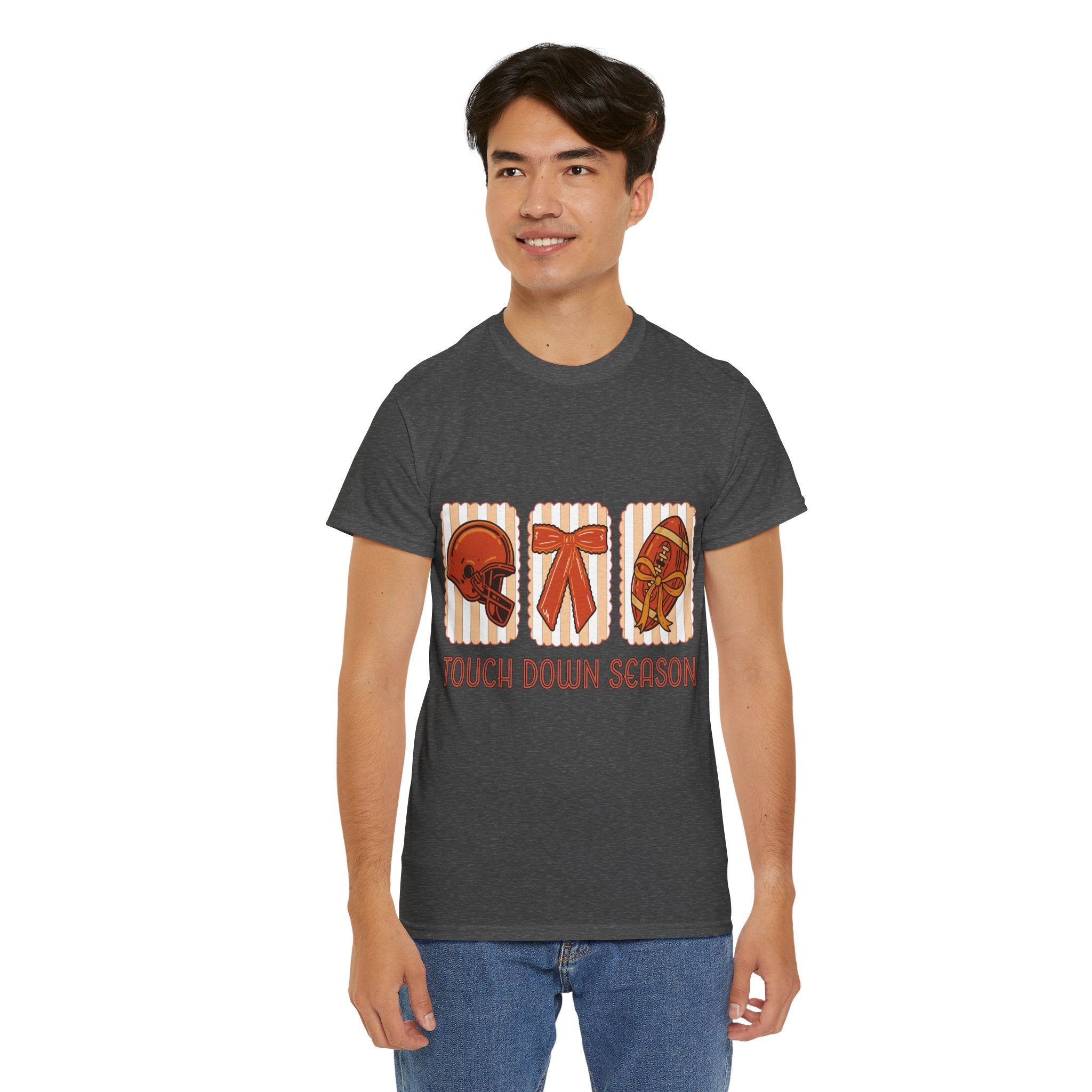 Touch Down Season Football Tee — Striped Fall Helmet & Bow Design Unisex Cotton Tee
