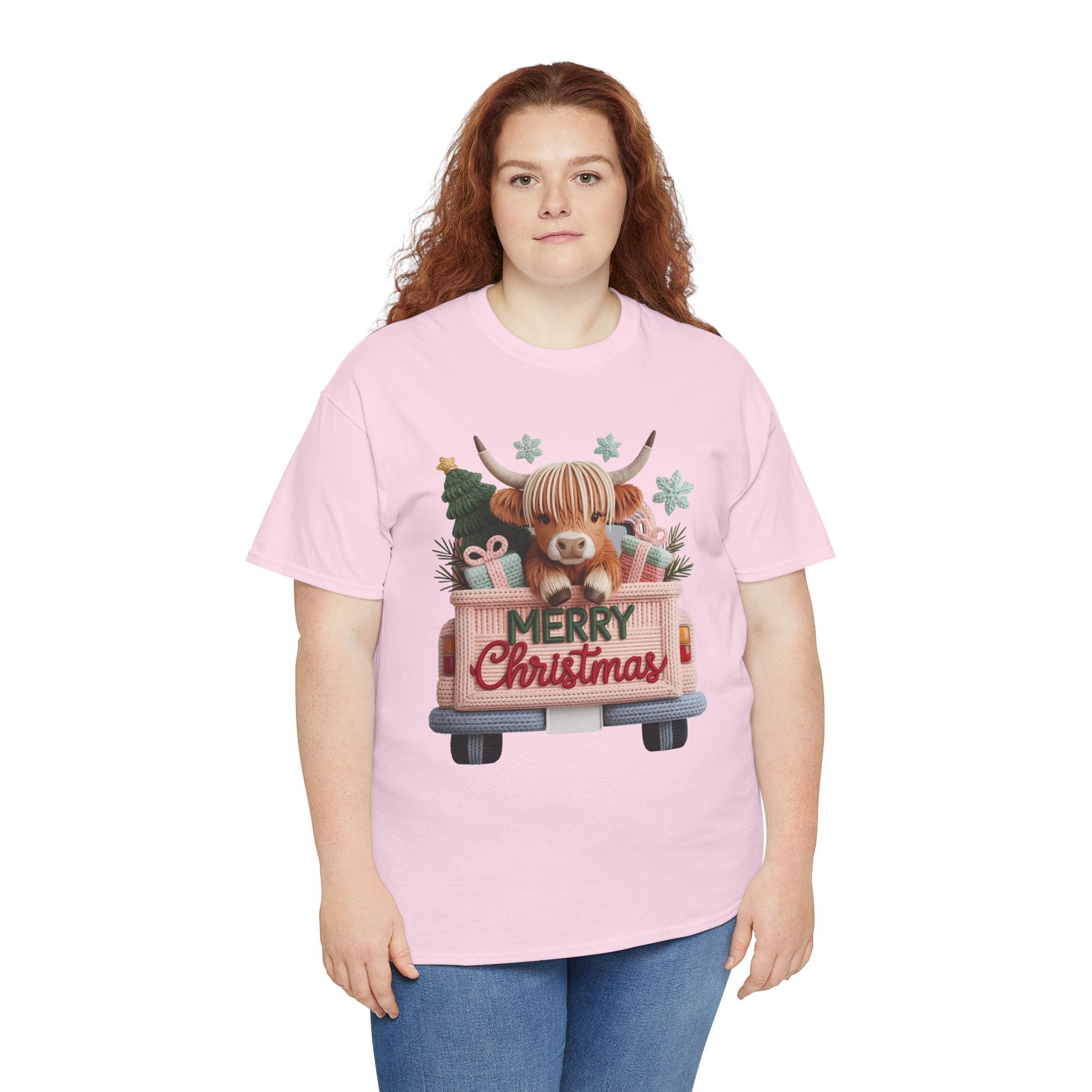 Merry Christmas Highland Cow Knit Truck Unisex Cotton T-Shirt