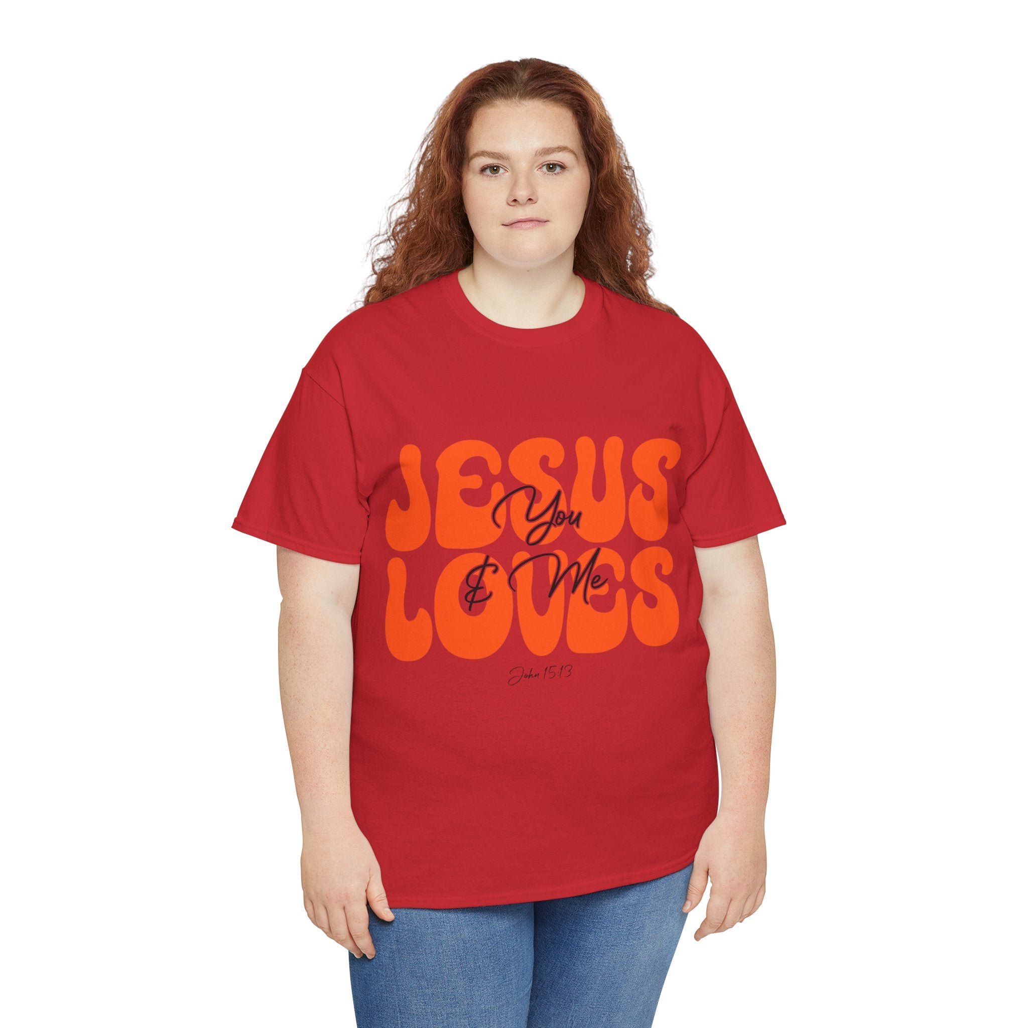 Jesus Loves You & Me Retro Tee — Playful Orange Bubbly Christian Unisex Cotton T-Shirt