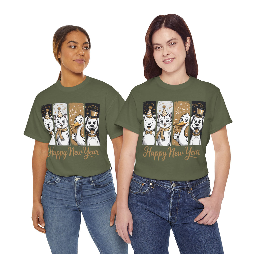Happy New Year Party Animals T-Shirt — Cute Smiling Animals in Party Hats & Gold Fireworks..Unisex Cotton Tee