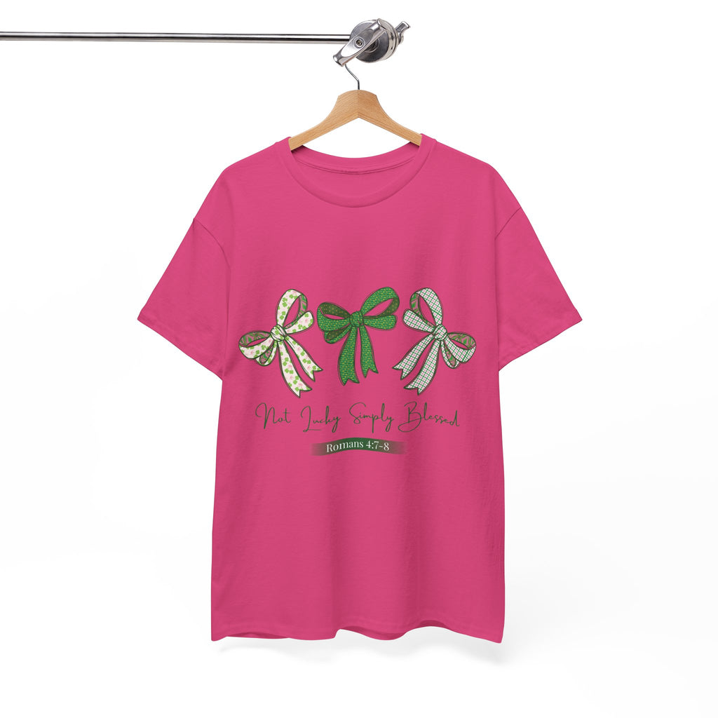 Not Lucky Simply Blessed Tee — Romans 4:7-8 Green Bow Christian Unisex Cotton T-Shirt