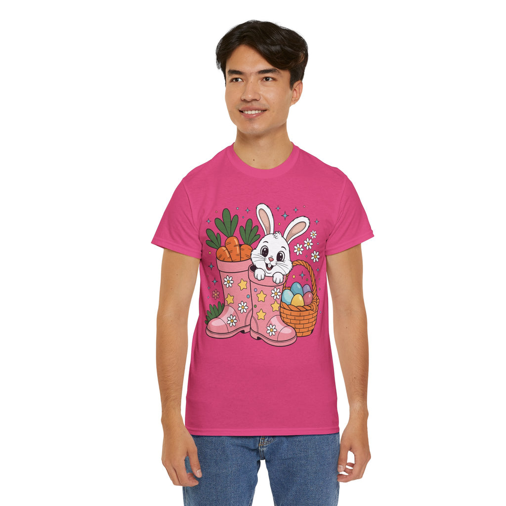 Easter Bunny in Pink Rain Boots T-Shirt — Cartoon Bunny, Carrots & Colorful Eggs Unisex Cotton Tee