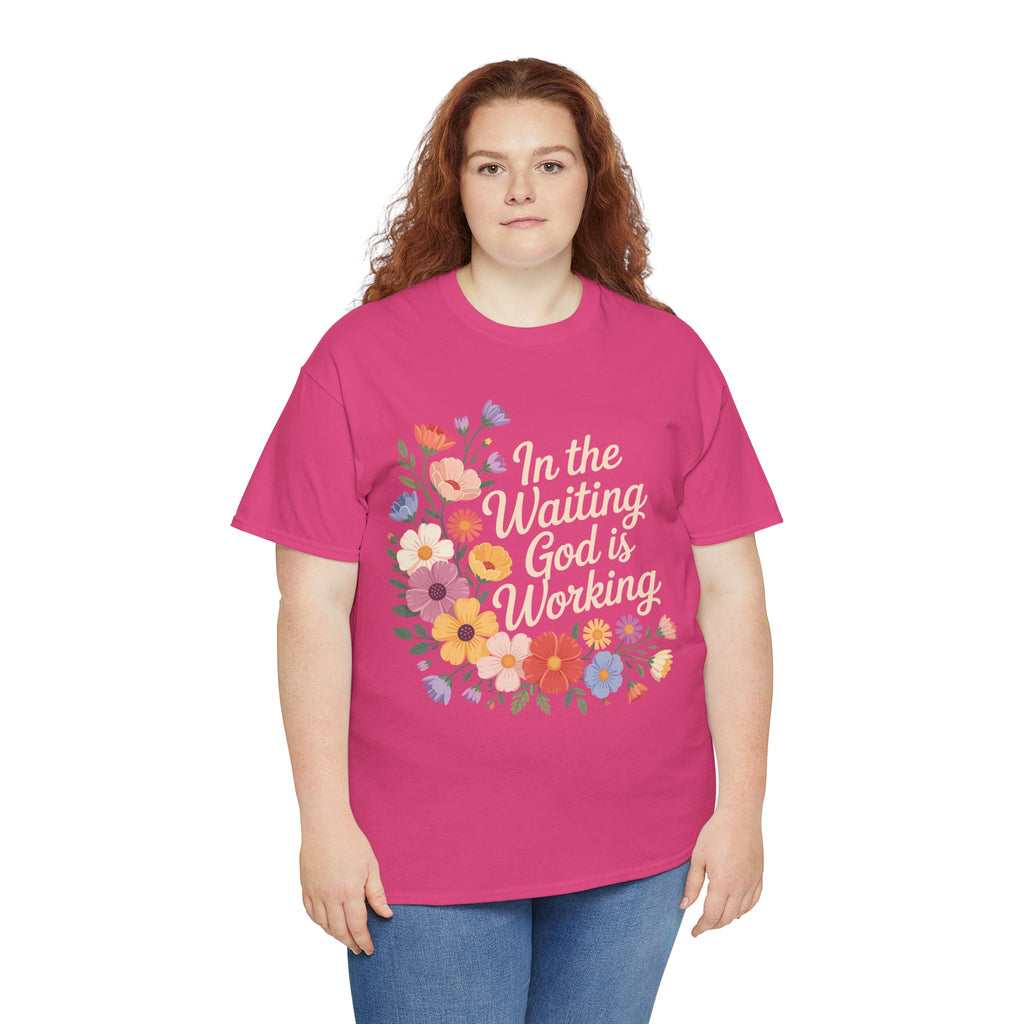 Pastel Floral “In the Waiting God Is Working” Unisex Cotton T-Shirt