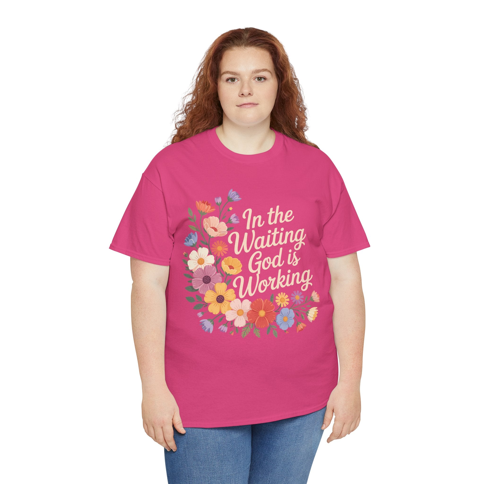 Pastel Floral “In the Waiting God Is Working” Unisex Cotton T-Shirt