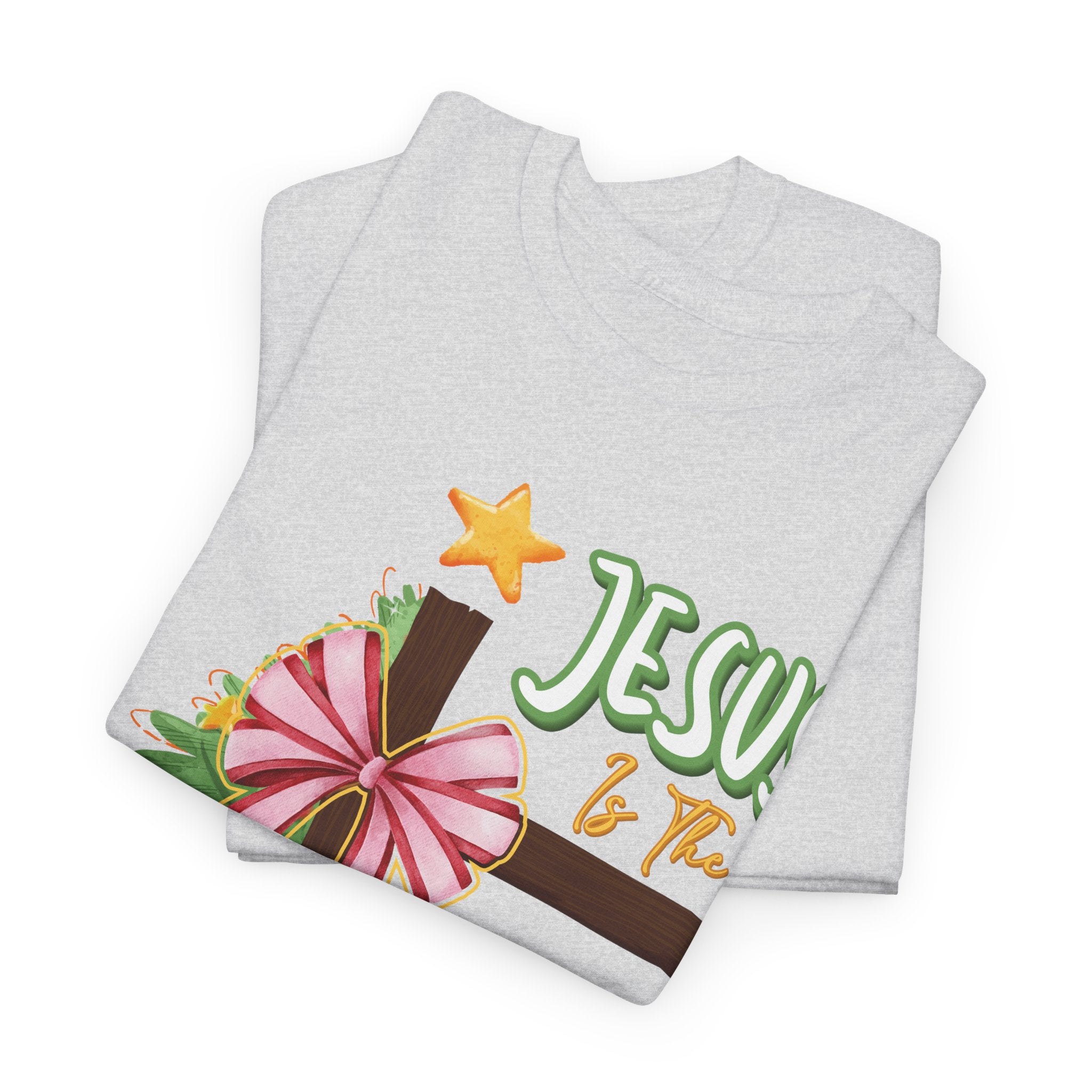 Jesus Is the Reason for the Season Christmas Tee — Cross with Pink Bow & Tree. Unisex Cotton Tee