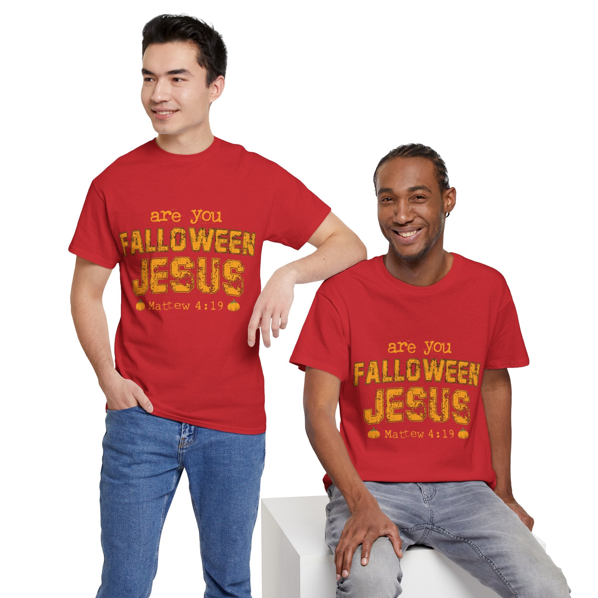 Christian Halloween T-Shirt — “Are You Falloween Jesus? Matthew 4:19” Distressed Pumpkin Design. Unisex Cotton Tee