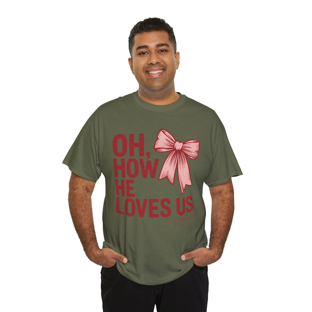 Oh, How He Loves Us Christian Valentine Tee — 1 John 4:10 Red & Pink Unisex Cotton Tee